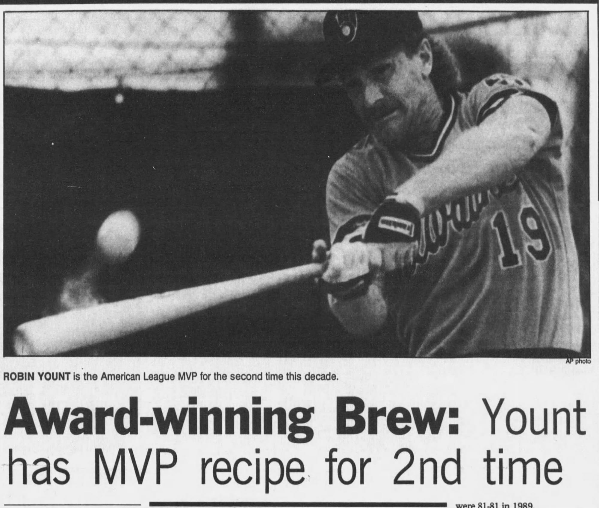"Award-winning Brew: Yount has MVP recipe for 2nd time." (The Post-Crescent, Appleton, Nov. 21, 1989, p. 25, via Newspapers.com)