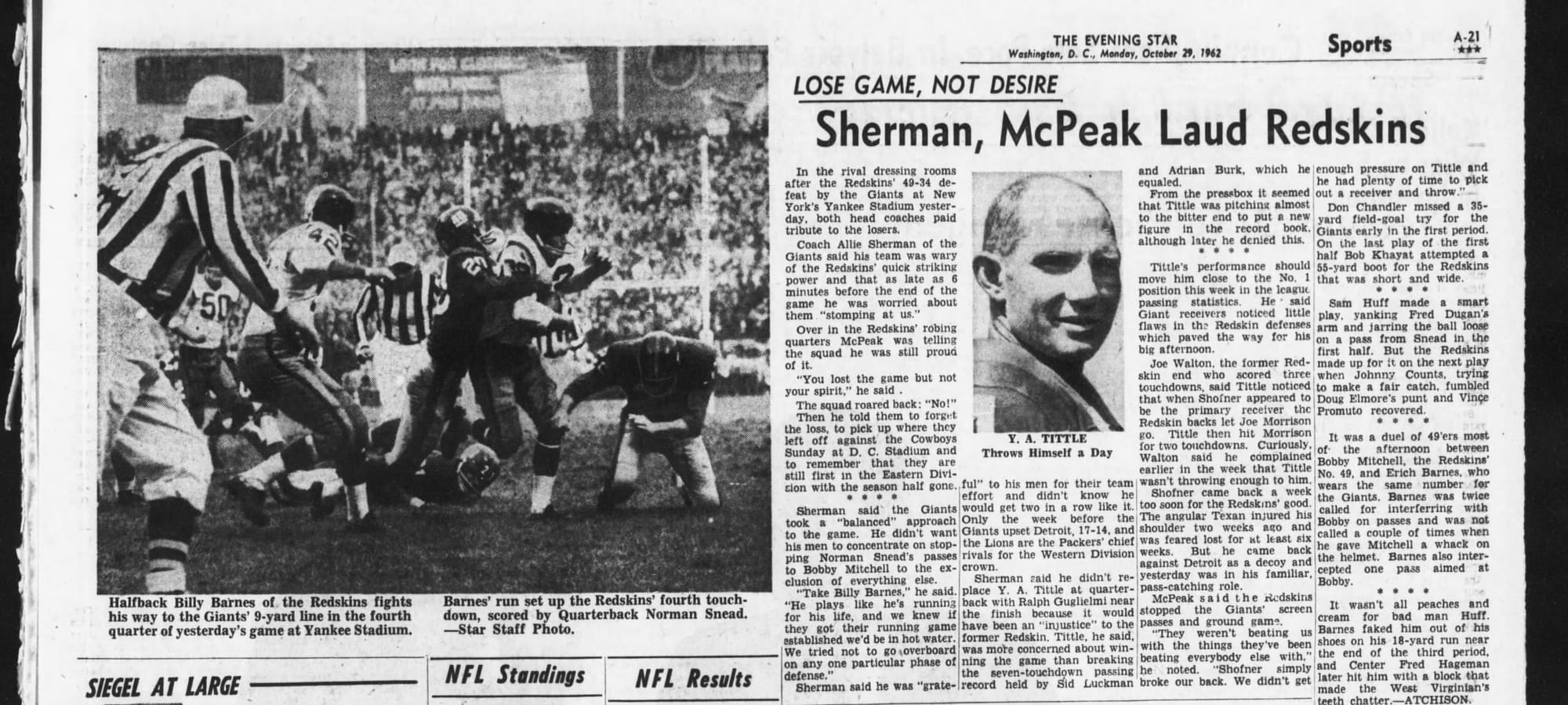 “Sherman, McPeak Laud Redskins.” Washington coach Bill McPeak told his team, “You lost the game but not your spirit.” (Evening Star, Washington, Oct. 29, 1962, p. A-21, via Newspapers.com)