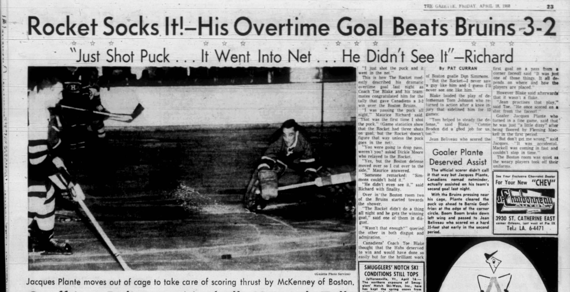 "Rocket Socks It! His Overtime Goal Beats Bruins 3-2." (The Gazette, Montreal, April 18, 1958, p. 23, via Newspapers.com)