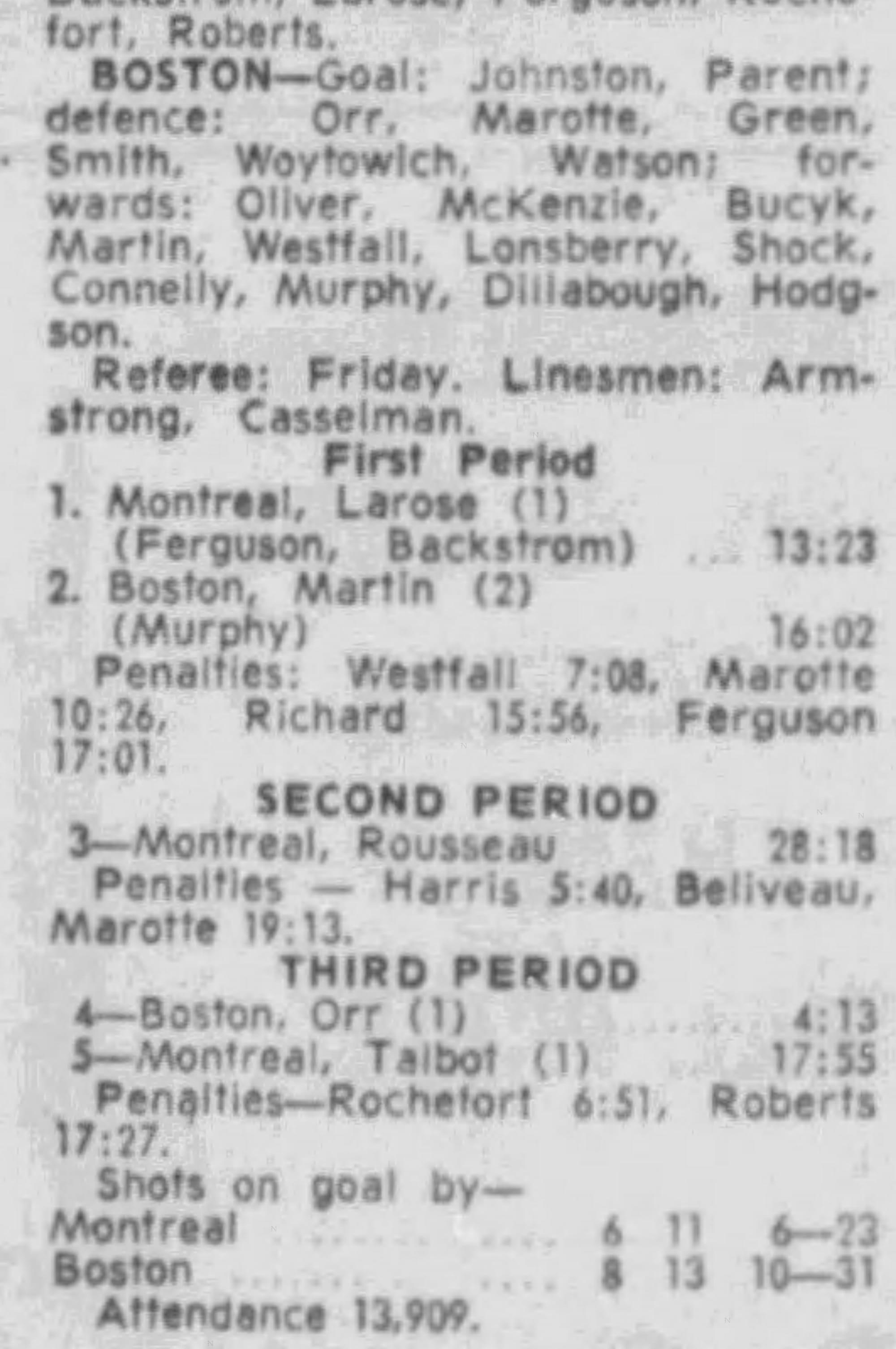 The box score: "4—Boston, Orr (1) ... 4:13," unassisted, before 13,909. (The Gazette, Montreal, Oct. 24, 1966, p. 28, via Newspapers.com)