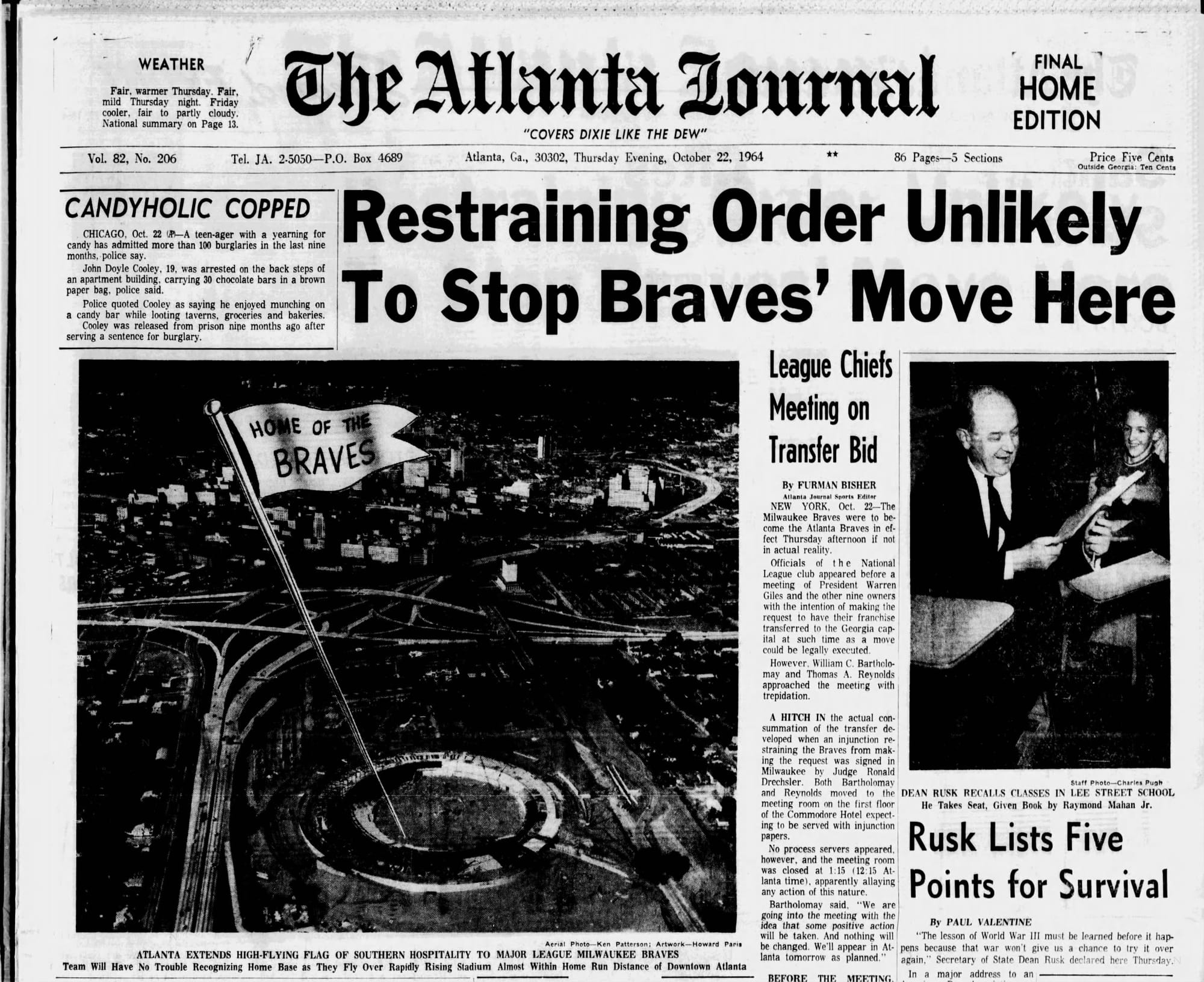"Restraining Order Unlikely To Stop Braves' Move Here." Atlanta Stadium, with a "Home of the Braves" sign, the day after the vote. (The Atlanta Journal, Oct. 22, 1964, p. 1, via Newspapers.com)