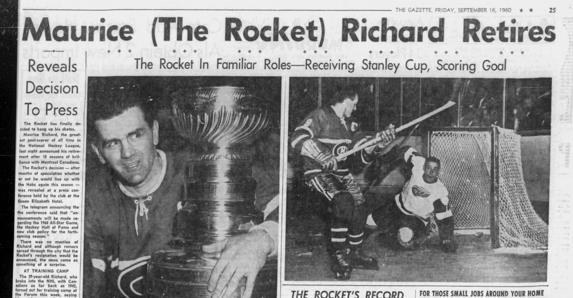 "Maurice (The Rocket) Richard Retires." (The Gazette, Montreal, Sept. 16, 1960, p. 25, via Newspapers.com)