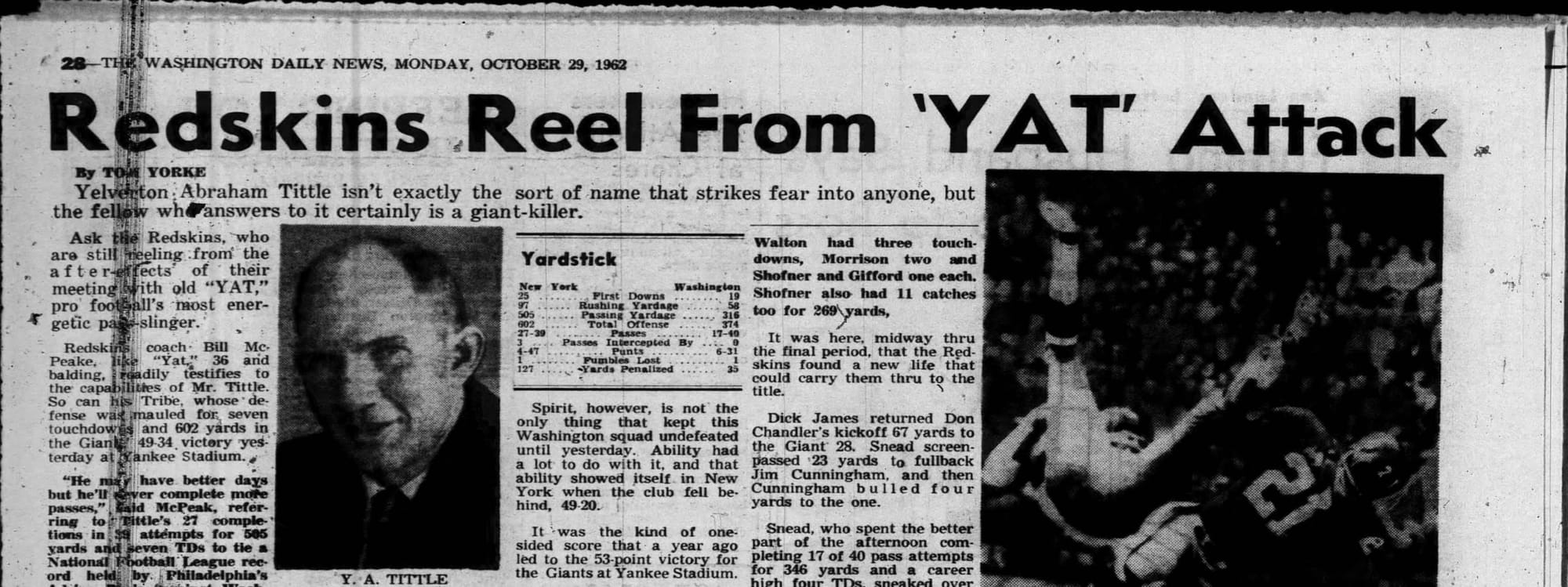 “Redskins Reel From ‘YAT’ Attack.” (The Washington Daily News, Oct. 29, 1962, p. 28, via Newspapers.com)