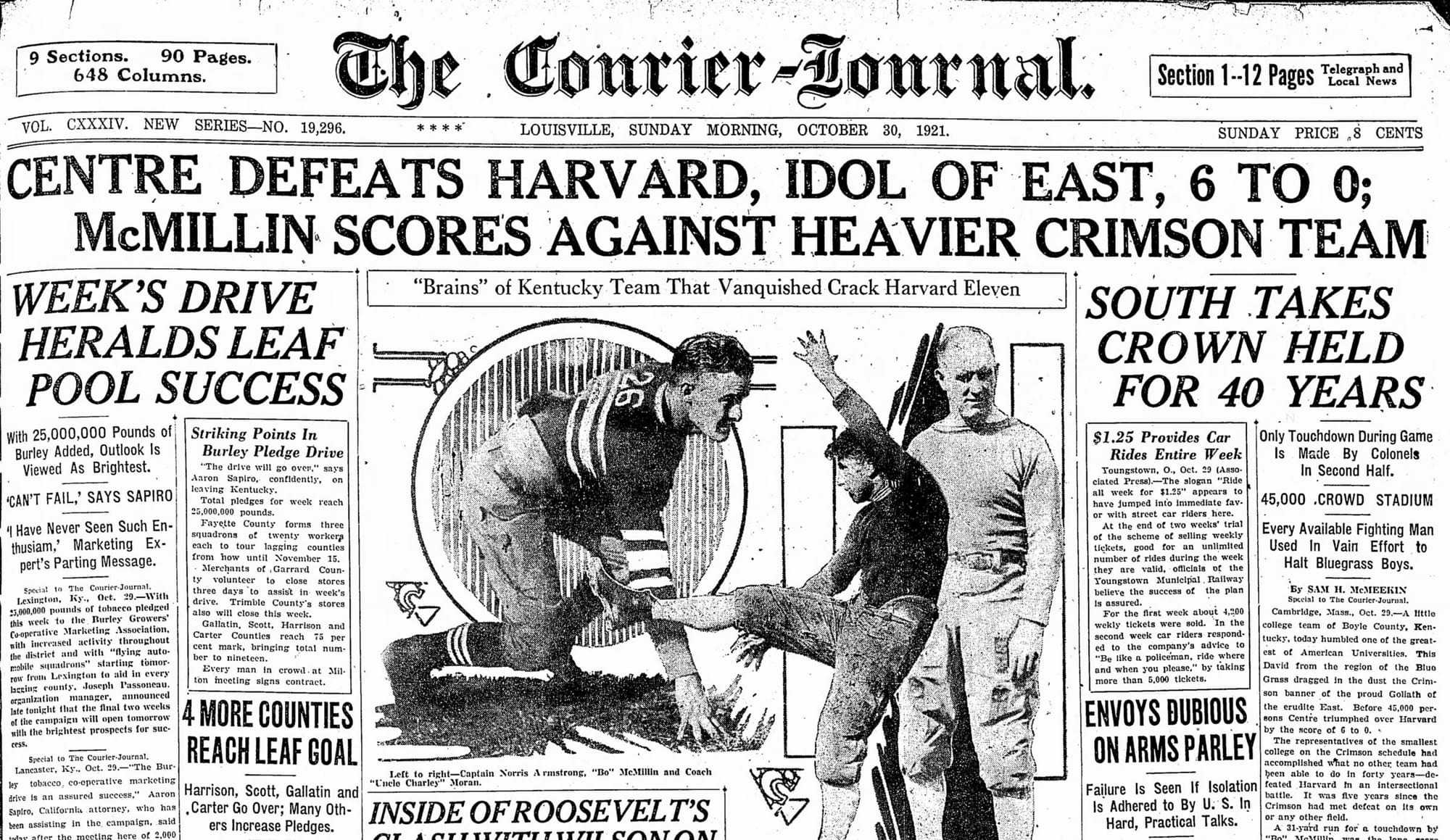 “Centre Defeats Harvard, Idol of East, 6 to 0.” The Louisville paper drew McMillin and coach Charley Moran for its front page. (The Courier-Journal, Louisville, Oct. 30, 1921, p. 1, via Newspapers.com)