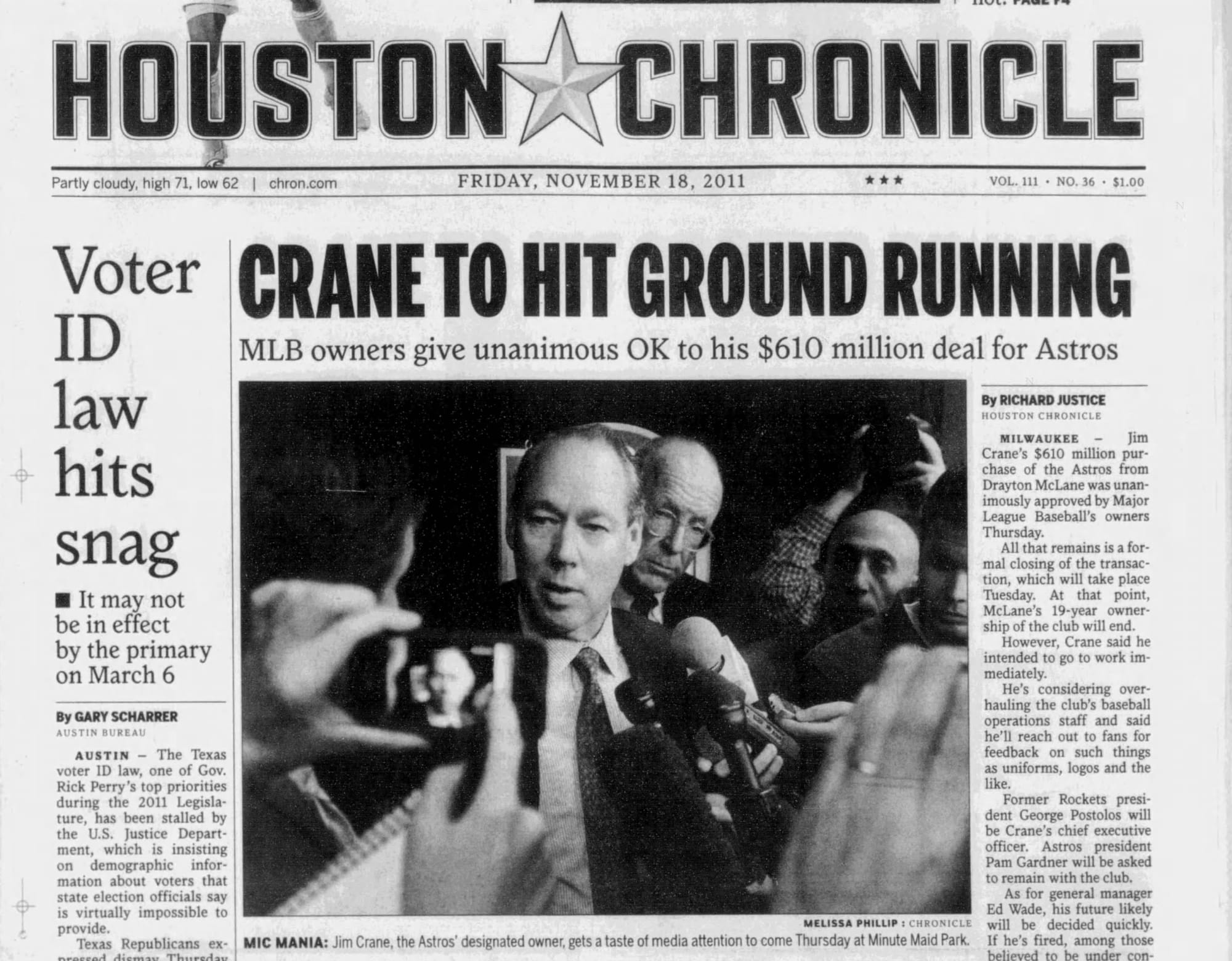 "Crane to hit ground running." (Houston Chronicle, Nov. 18, 2011, p. 1, via Newspapers.com)