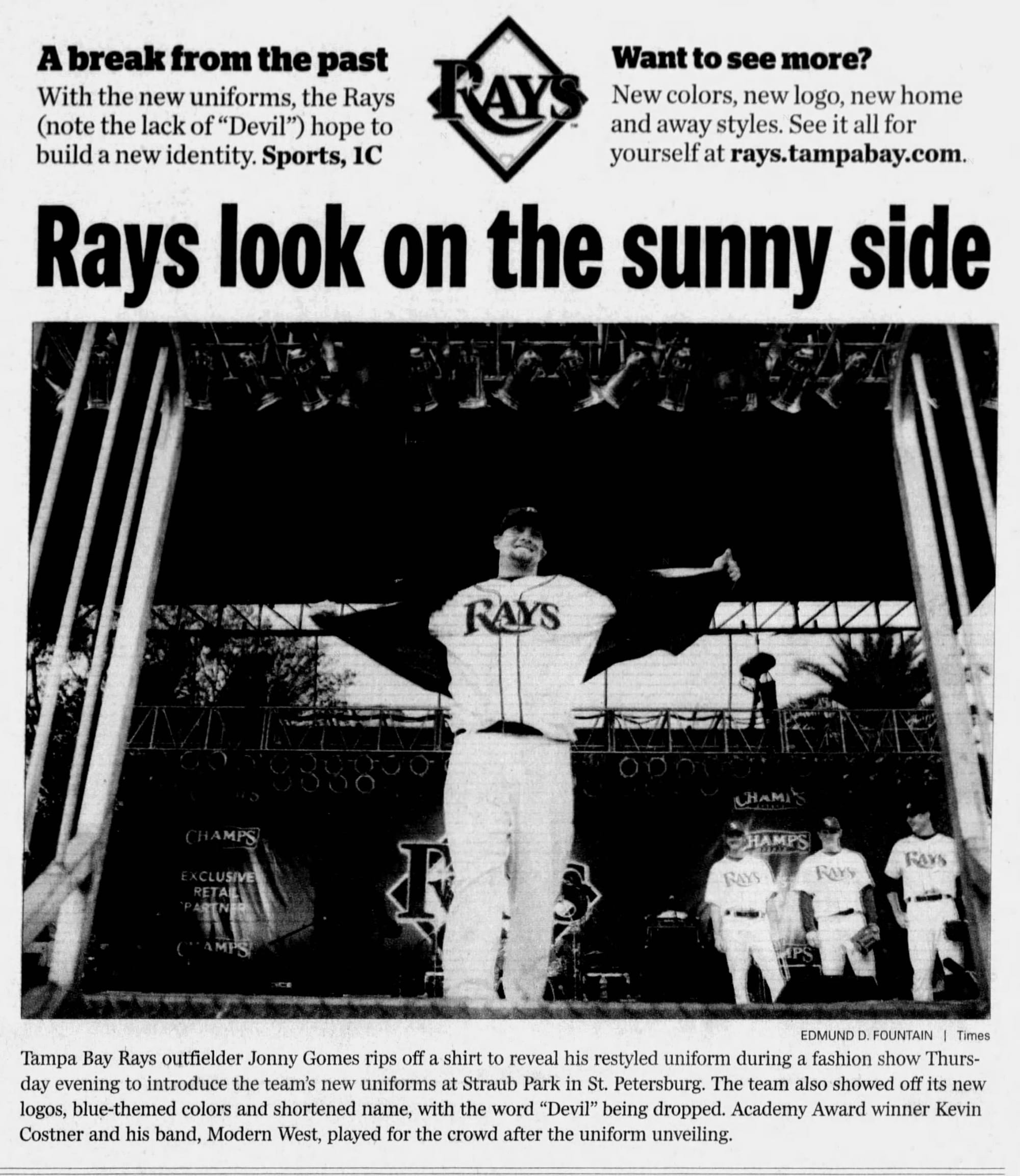 "A break from the past." Jonny Gomes modeling the new uniform at the unveiling in Straub Park. (St. Petersburg Times, Nov. 9, 2007, p. 1, via Newspapers.com)