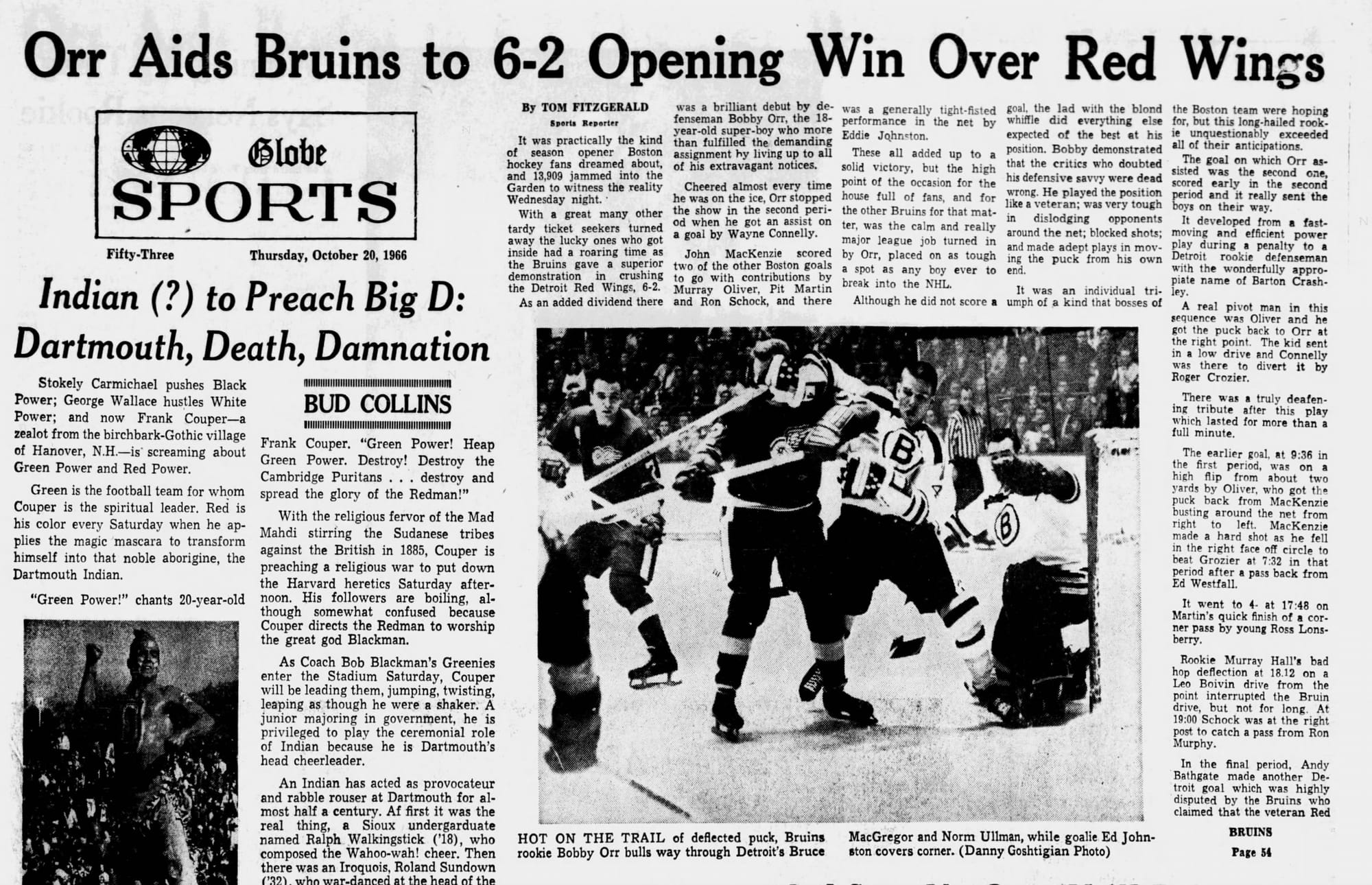 "Orr Aids Bruins to 6-2 Opening Win Over Red Wings." (The Boston Globe, Oct. 20, 1966, p. 53, via Newspapers.com)