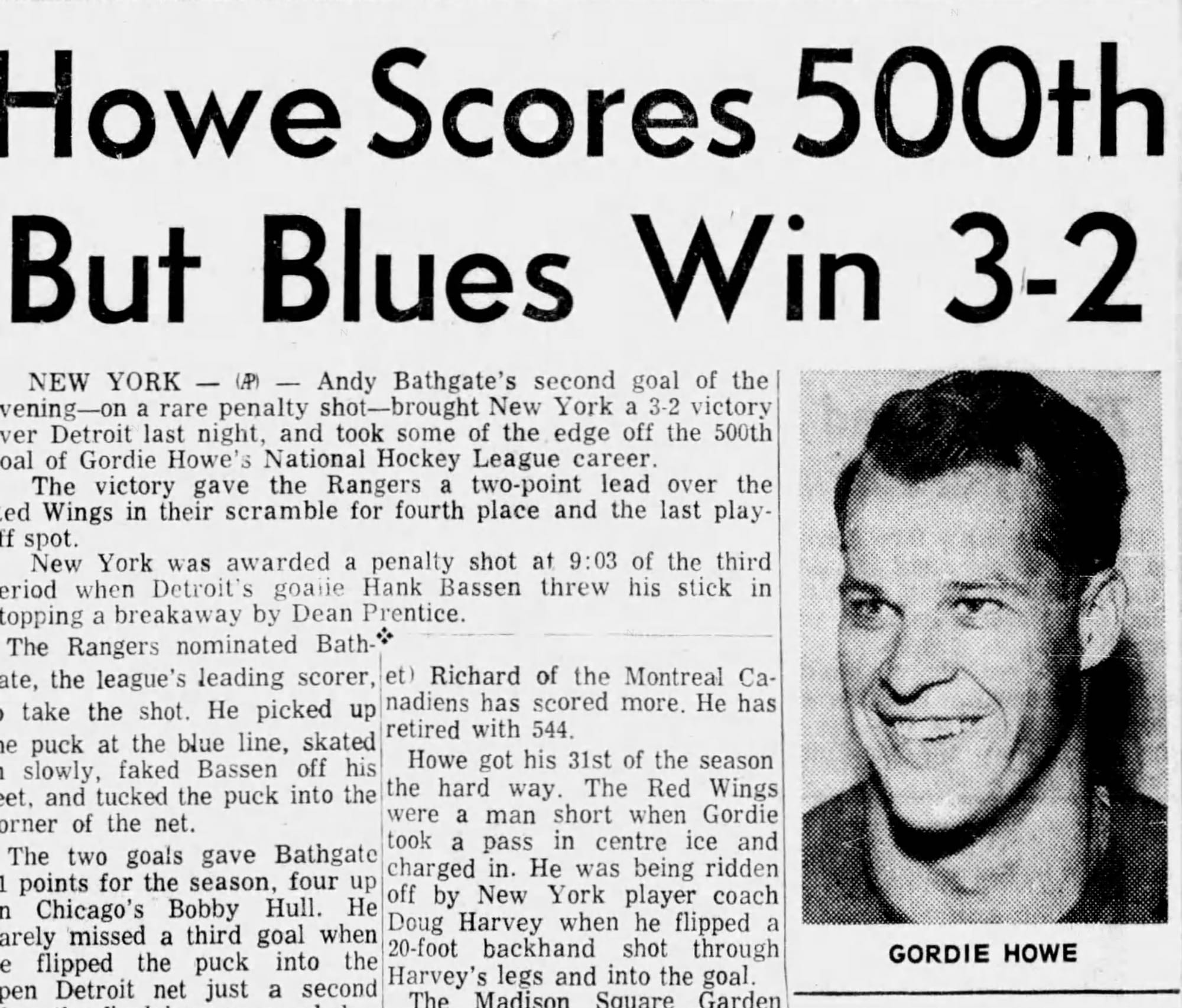 "Howe Scores 500th But Blues Win 3-2." (AP report, March 15, 1962, via Newspapers.com)