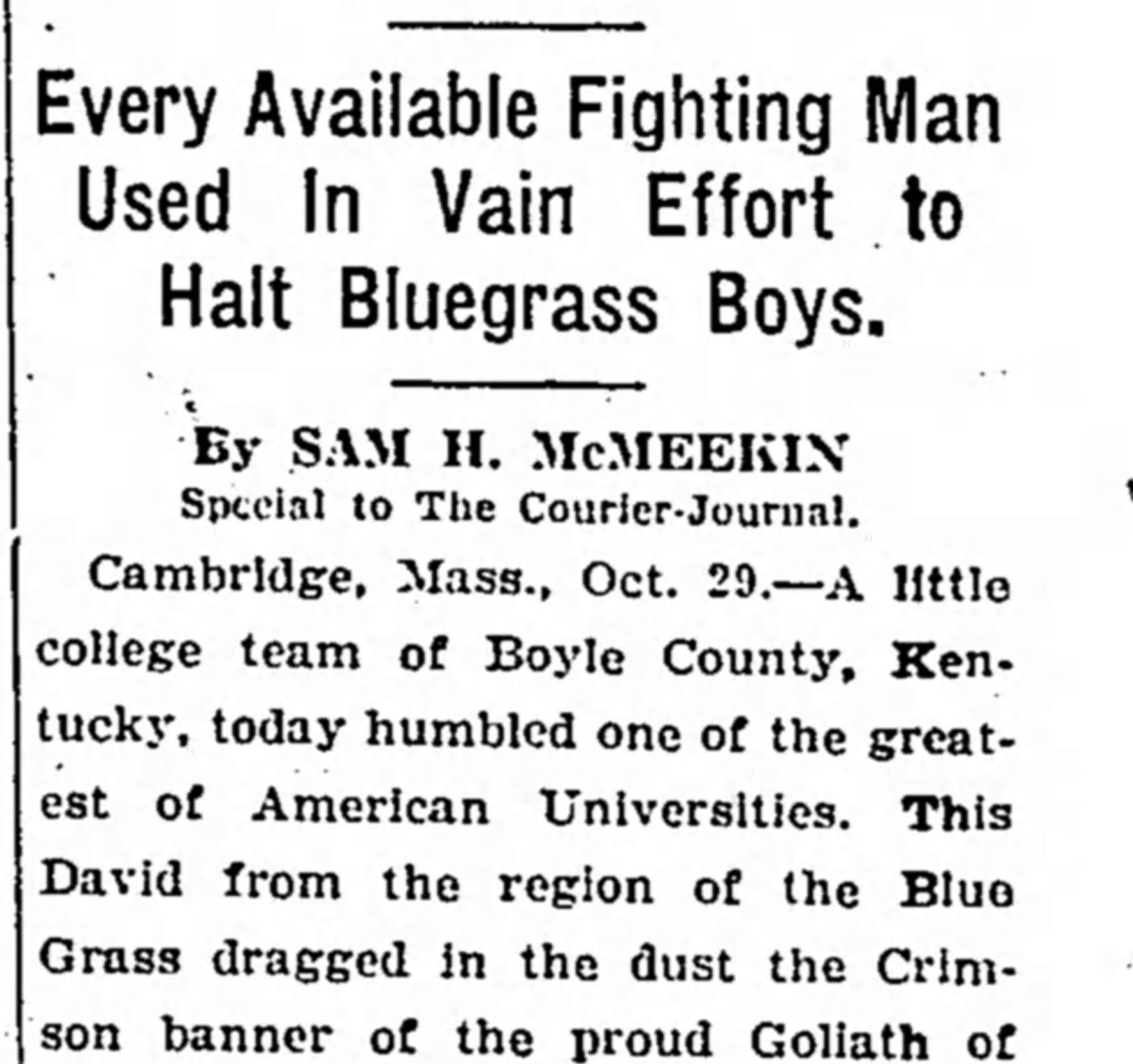 Sam H. McMeekin’s story for the Courier-Journal: “This David from the region of the Blue Grass...” (The Courier-Journal, Louisville, Oct. 30, 1921, p. 1, via Newspapers.com)