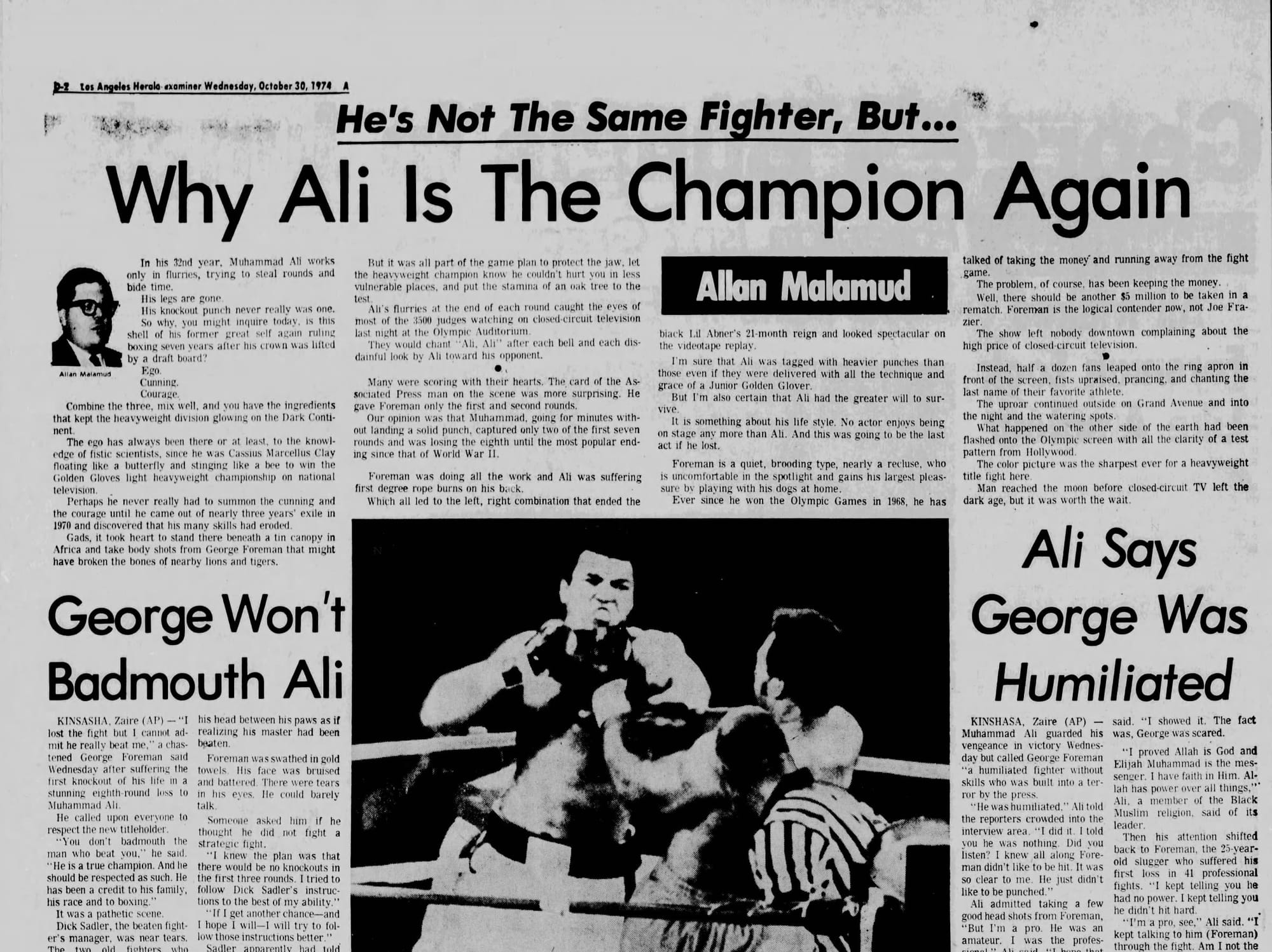 “Why Ali Is The Champion Again.” (Los Angeles Herald Examiner, Oct. 30, 1974, p. 40, via Newspapers.com)
