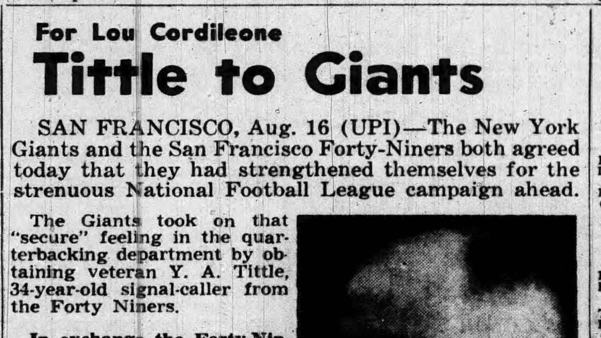 “Tittle to Giants.” The UPI story on the trade. (The Washington Daily News, Aug. 16, 1961, p. 69, via Newspapers.com)