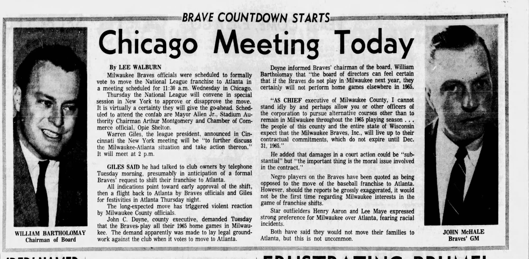 "Brave Countdown Starts: Chicago Meeting Today." Board chairman William Bartholomay, left, and general manager John McHale. (The Atlanta Journal, Oct. 21, 1964, p. 43, via Newspapers.com)