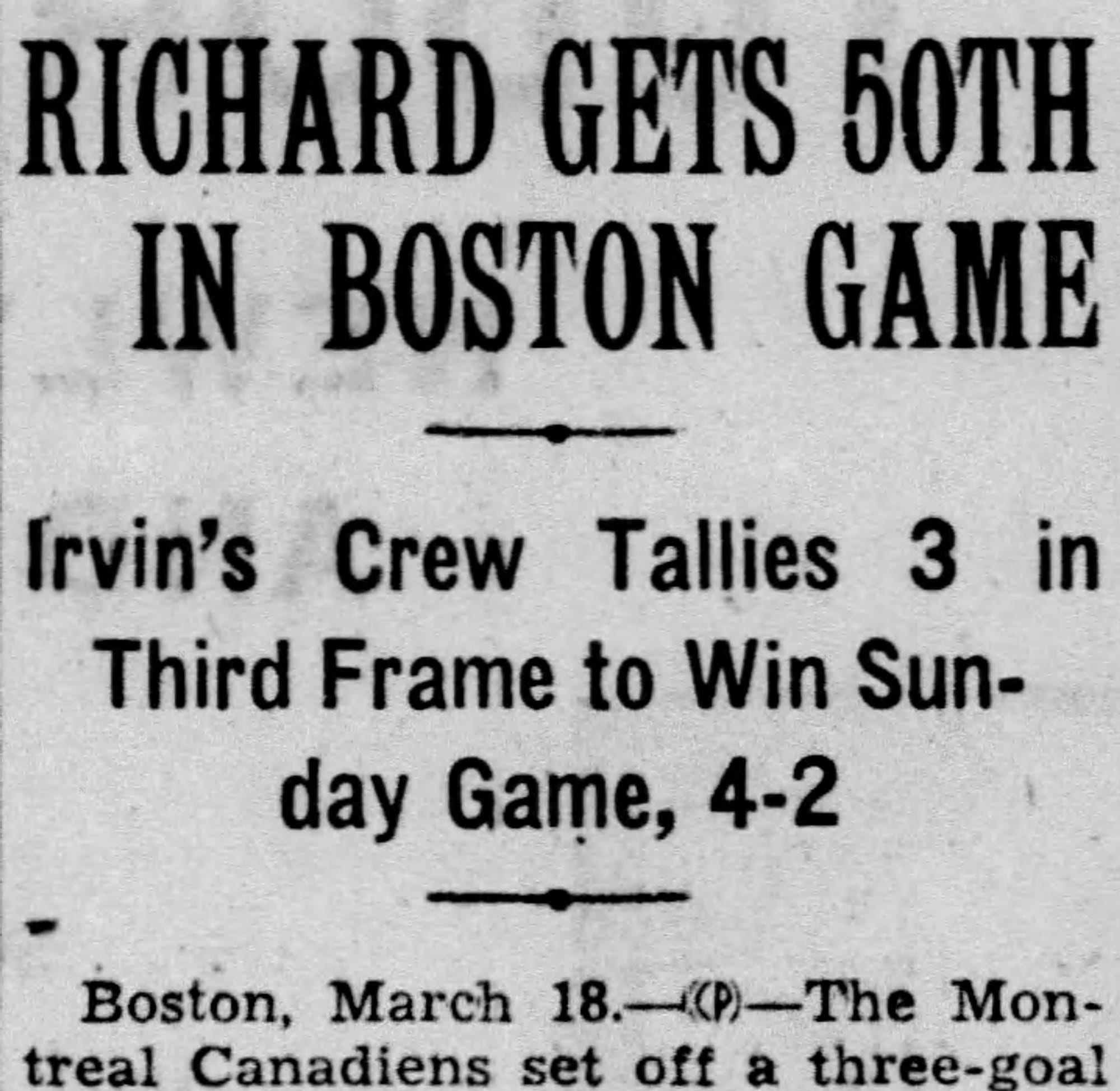 "Richard Gets 50th in Boston Game," March 18, 1945. (AP report, March 19, 1945, via Newspapers.com)
