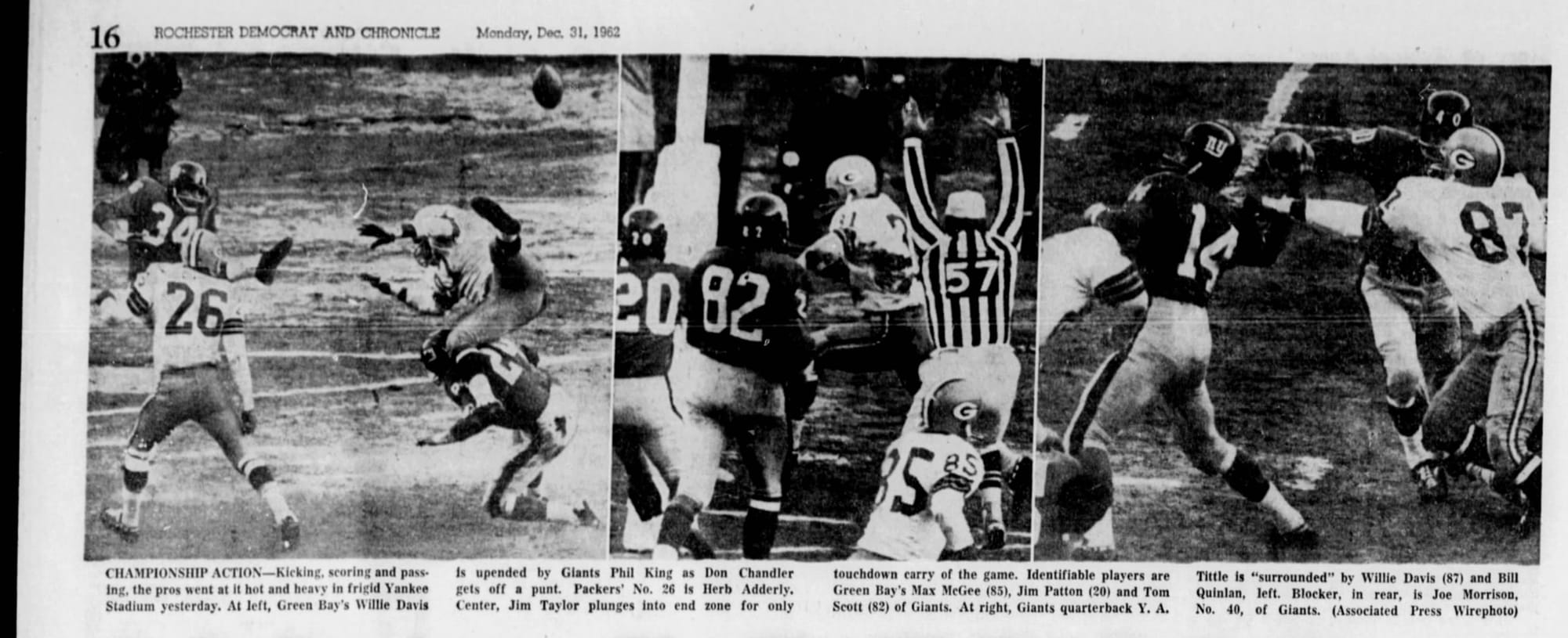 “P-P-Packers Ch-Ch-Chill G-G-Giants.” Green Bay’s Willie Davis and Bill Quinlan close in on Tittle in the 1962 title game. (Democrat and Chronicle, Rochester, Dec. 31, 1962, p. 16, via Newspapers.com)