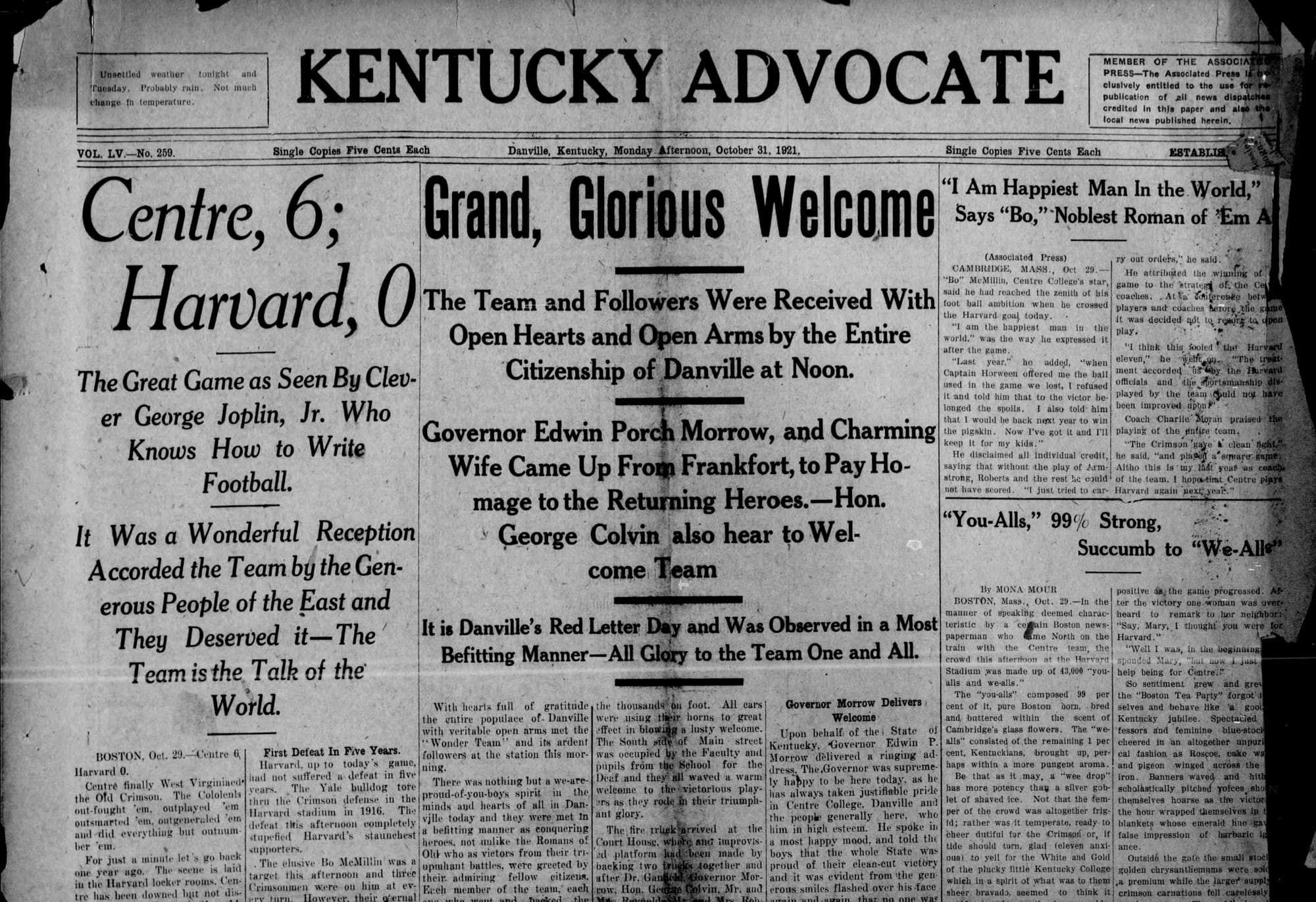 “Centre, 6; Harvard, 0” and “Grand, Glorious Welcome.” Danville’s own paper on the day the team came home. (Kentucky Advocate, Danville, Oct. 31, 1921, p. 1, via Newspapers.com)