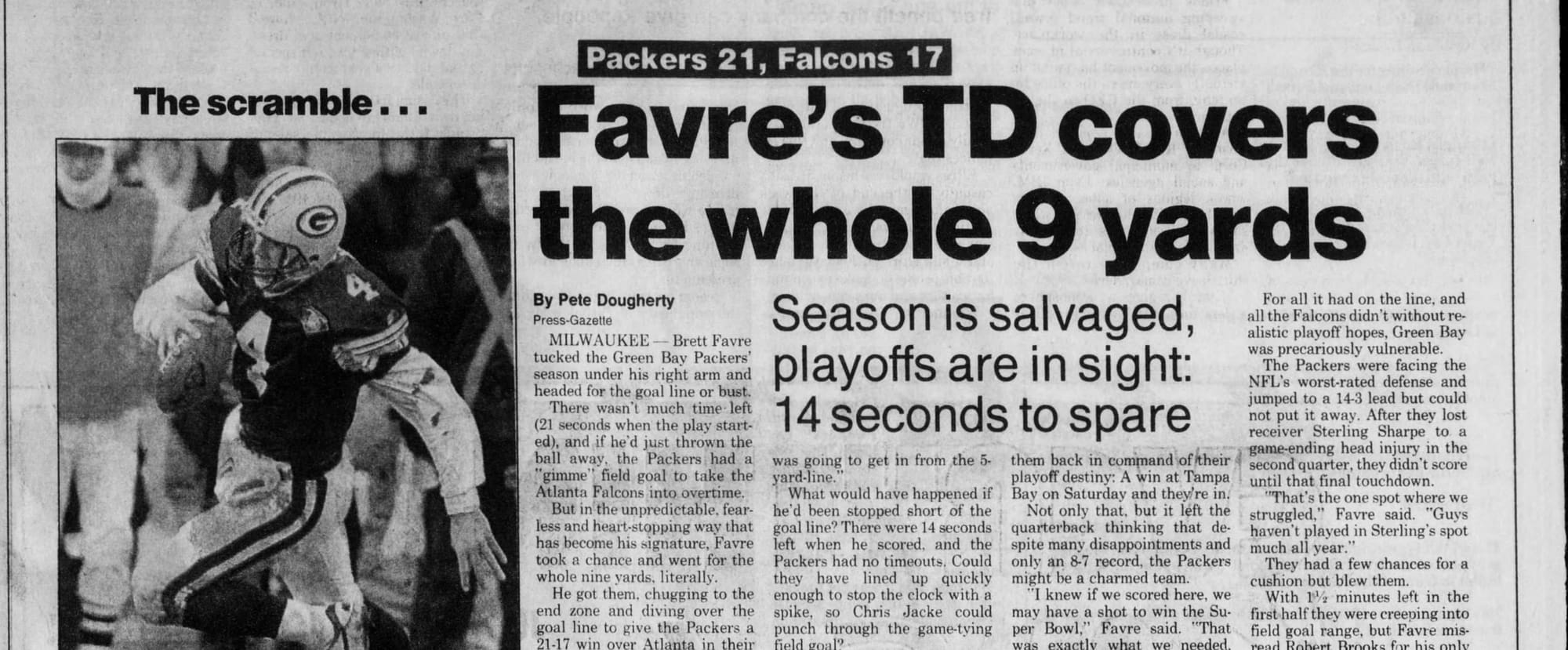 "Favre's TD covers the whole 9 yards." The last Packers game in Milwaukee. (Green Bay Press-Gazette, Dec. 19, 1994, p. 15, via Newspapers.com)