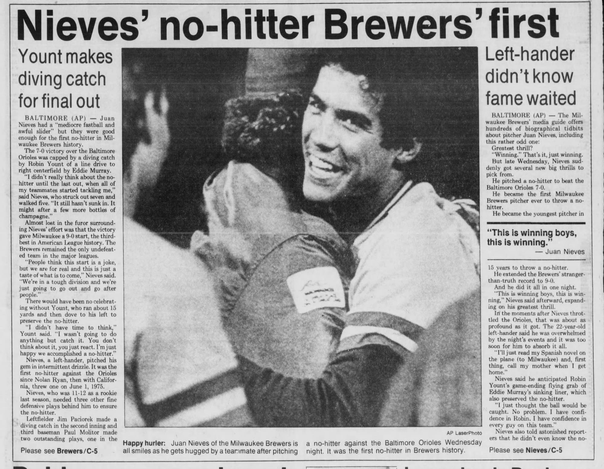 "Nieves' no-hitter Brewers' first." Yount made a diving catch for the final out. (Green Bay Press-Gazette, April 16, 1987, p. 33, via Newspapers.com)