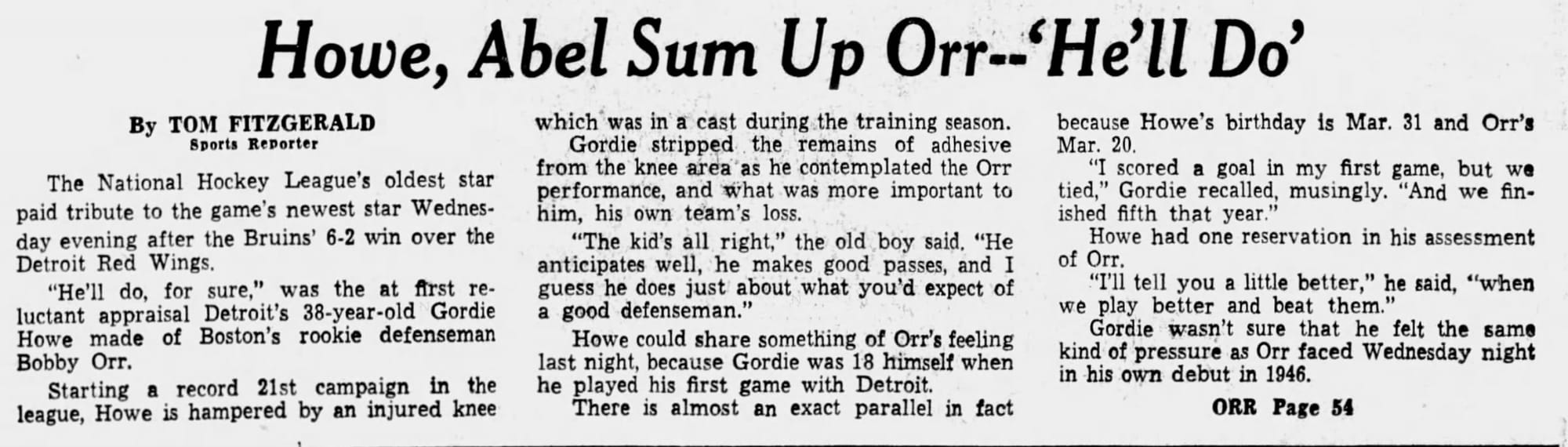 "Howe, Abel Sum Up Orr—'He'll Do.'" (The Boston Globe, Oct. 20, 1966, p. 53, via Newspapers.com)