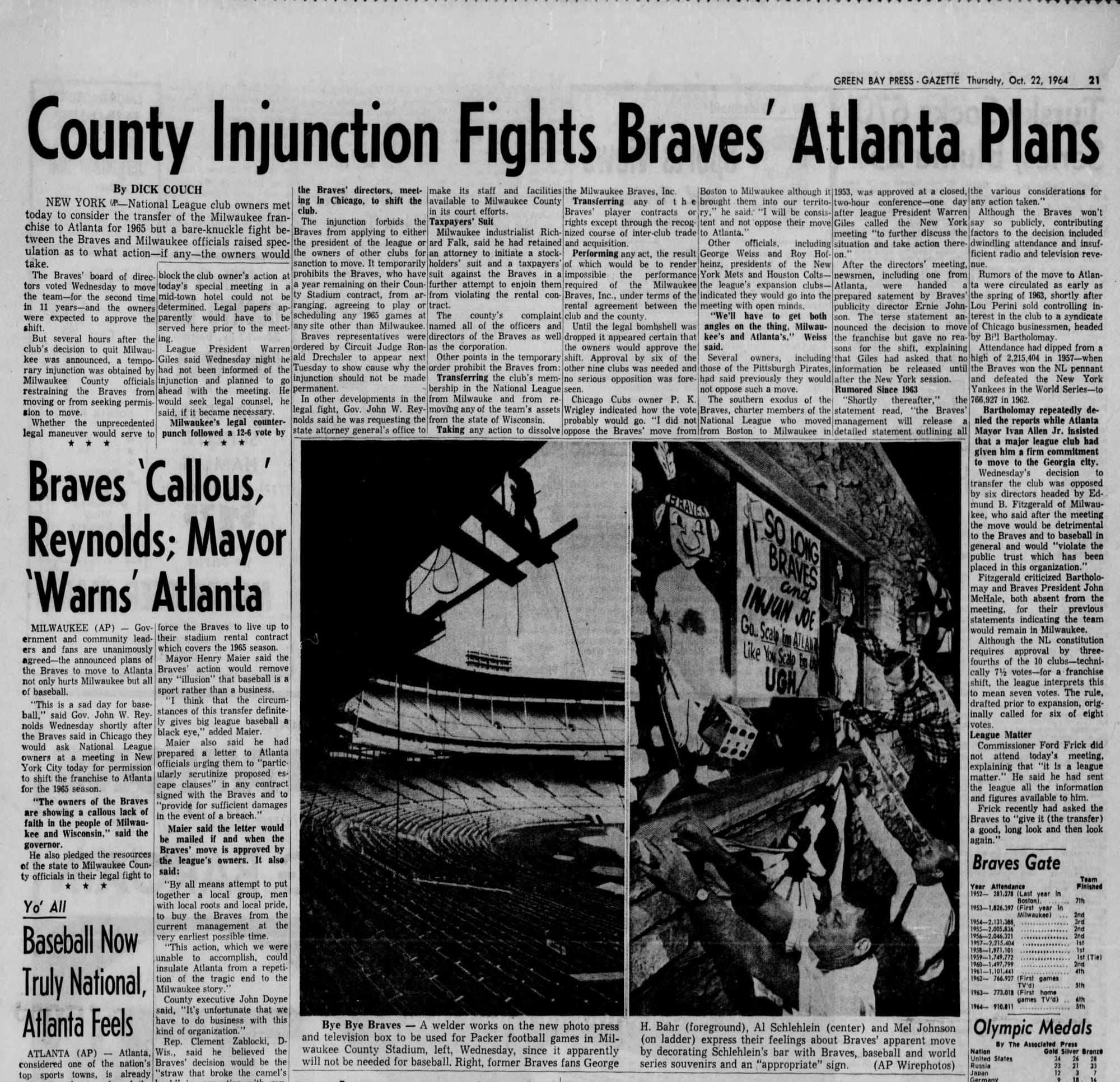 "County Injunction Fights Braves' Atlanta Plans" and "Braves 'Callous,' Reynolds; Mayor 'Warns' Atlanta." (Green Bay Press-Gazette, Oct. 22, 1964, p. 21, via Newspapers.com)