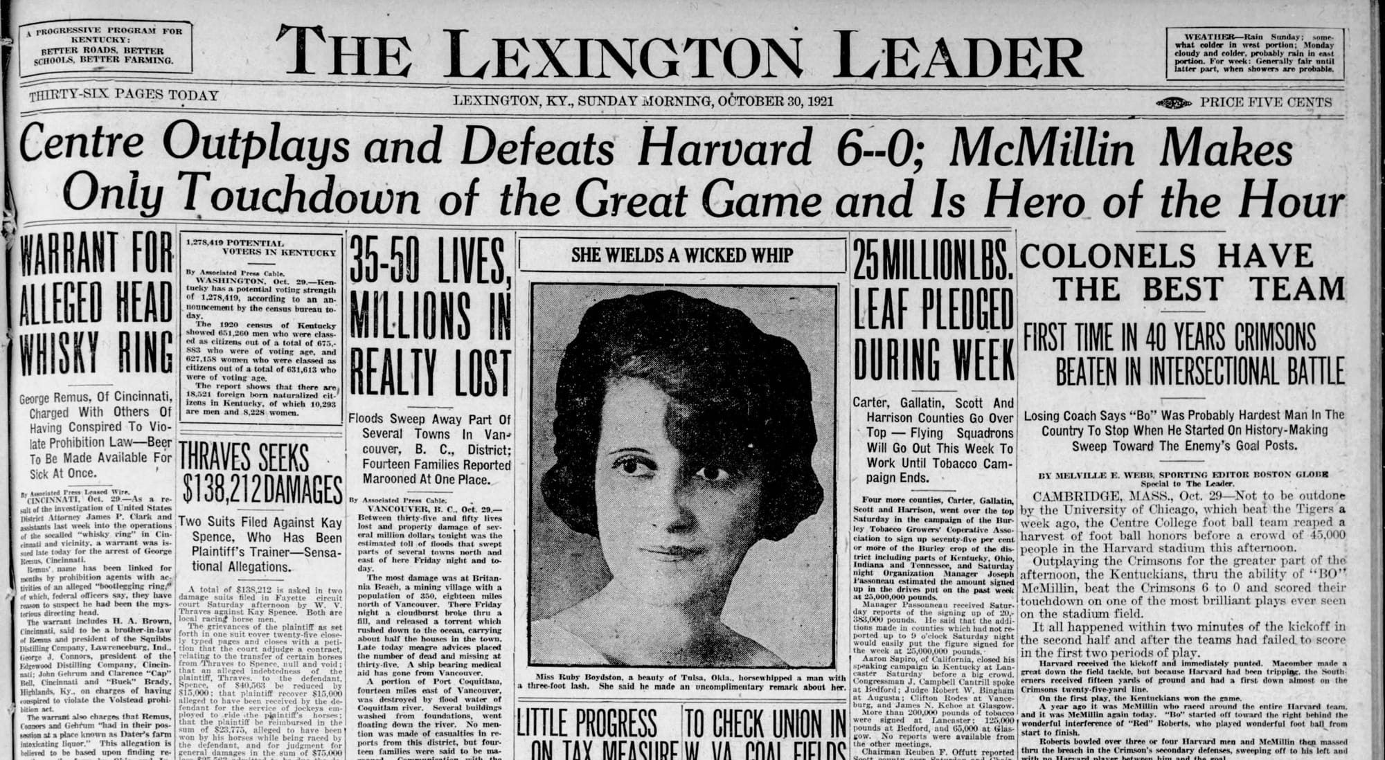 “Centre Outplays and Defeats Harvard 6-0; McMillin Makes Only Touchdown of the Great Game and Is Hero of the Hour.” (The Lexington Leader, Oct. 30, 1921, p. 1, via Newspapers.com)