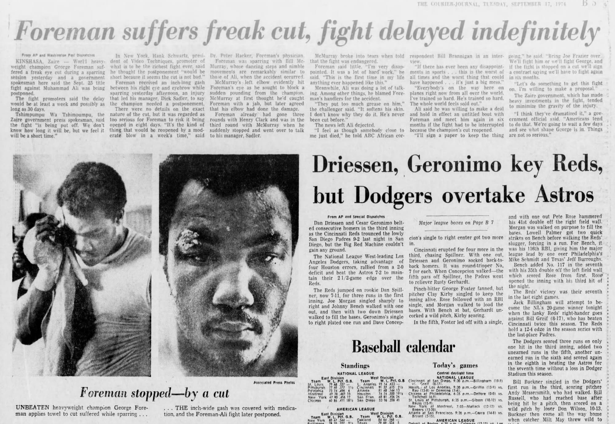 “Foreman suffers freak cut, fight delayed indefinitely.” A sparring partner’s elbow opened a gash over Foreman’s right eye 9 days before the original date. (The Courier-Journal, Louisville, Sept. 17, 1974, p. B5, via Newspapers.com)