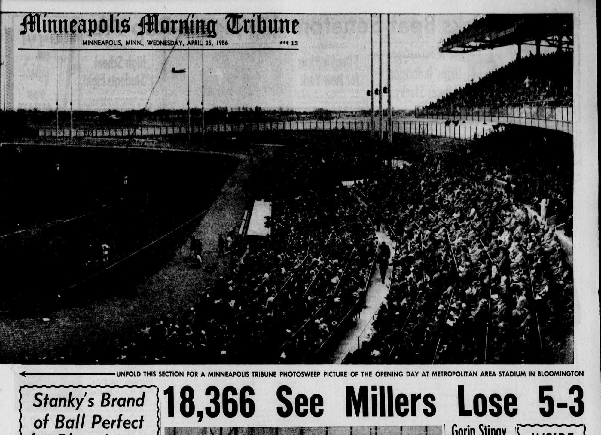Opening day at Metropolitan Stadium, April 24, 1956: 18,366 watched the Millers lose, 5-3. (Minneapolis Morning Tribune, April 25, 1956, via Newspapers.com)
