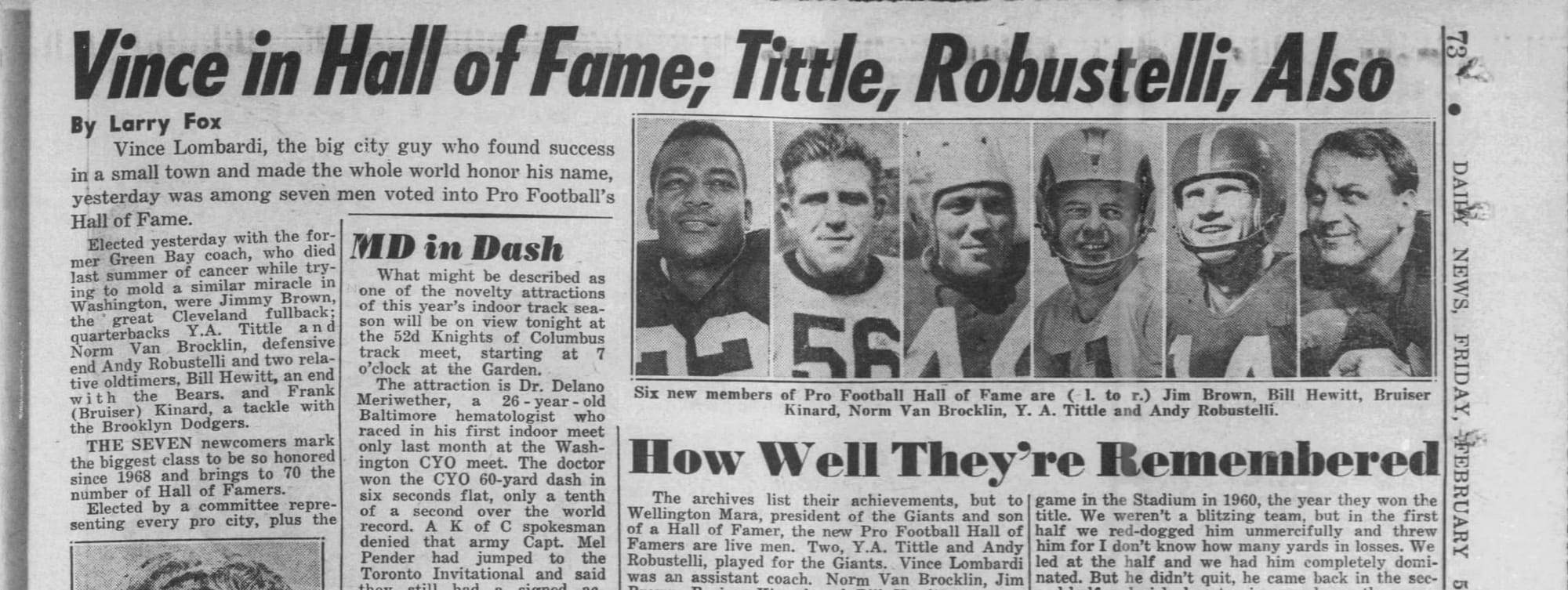 “Vince in Hall of Fame; Tittle, Robustelli, Also.” Tittle went in with Vince Lombardi, Jim Brown and Norm Van Brocklin. (Daily News, New York, Feb. 5, 1971, p. 72, via Newspapers.com)