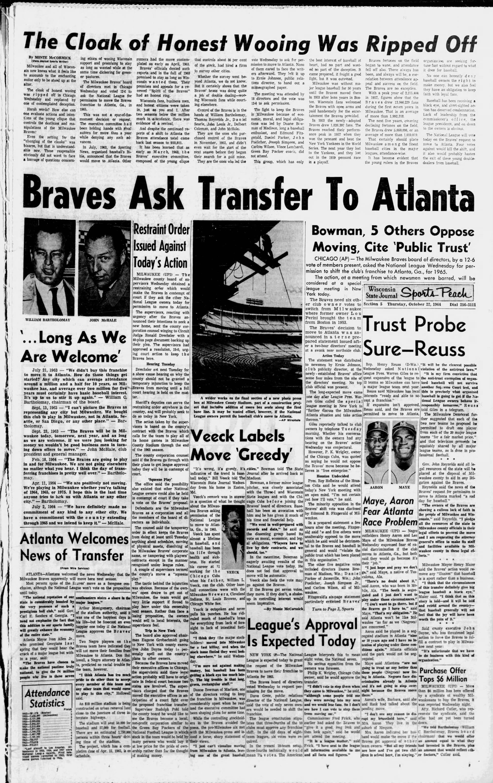 Madison's sports front had all of it: "Braves Ask Transfer To Atlanta," "Mays, Aaron Fear Atlanta Race Problem," "Veeck Labels Move 'Greedy,'" and a timeline of the owners promising to stay "...Long As We Are Welcome." (Wisconsin State Journal, Oct. 22, 1964, p. 61, via Newspapers.com)