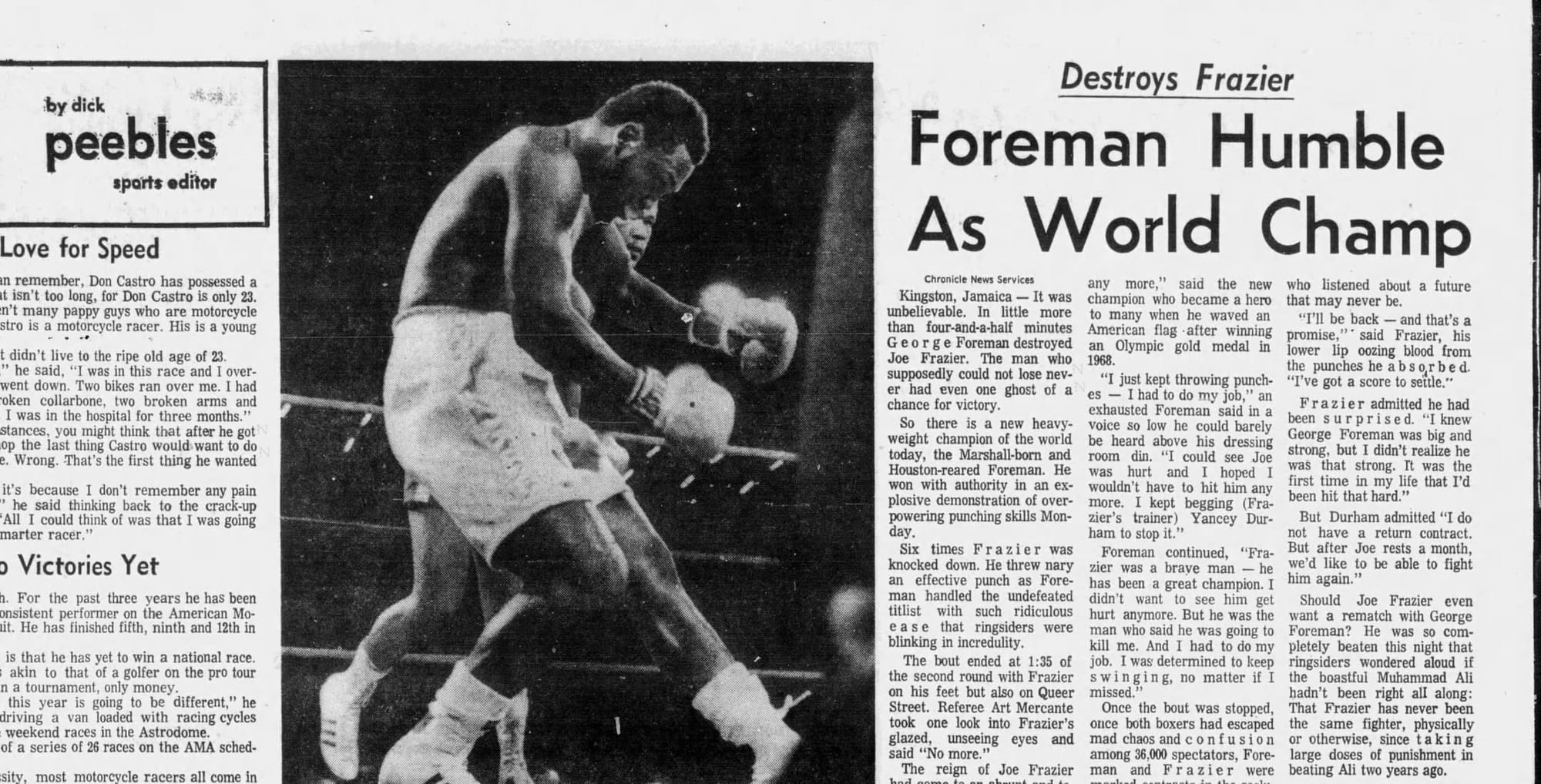“Foreman Humble As World Champ.” Frazier’s knees buckle in Kingston, Jamaica, in January 1973. (The Houston Chronicle, Jan. 23, 1973, p. 29, via Newspapers.com)