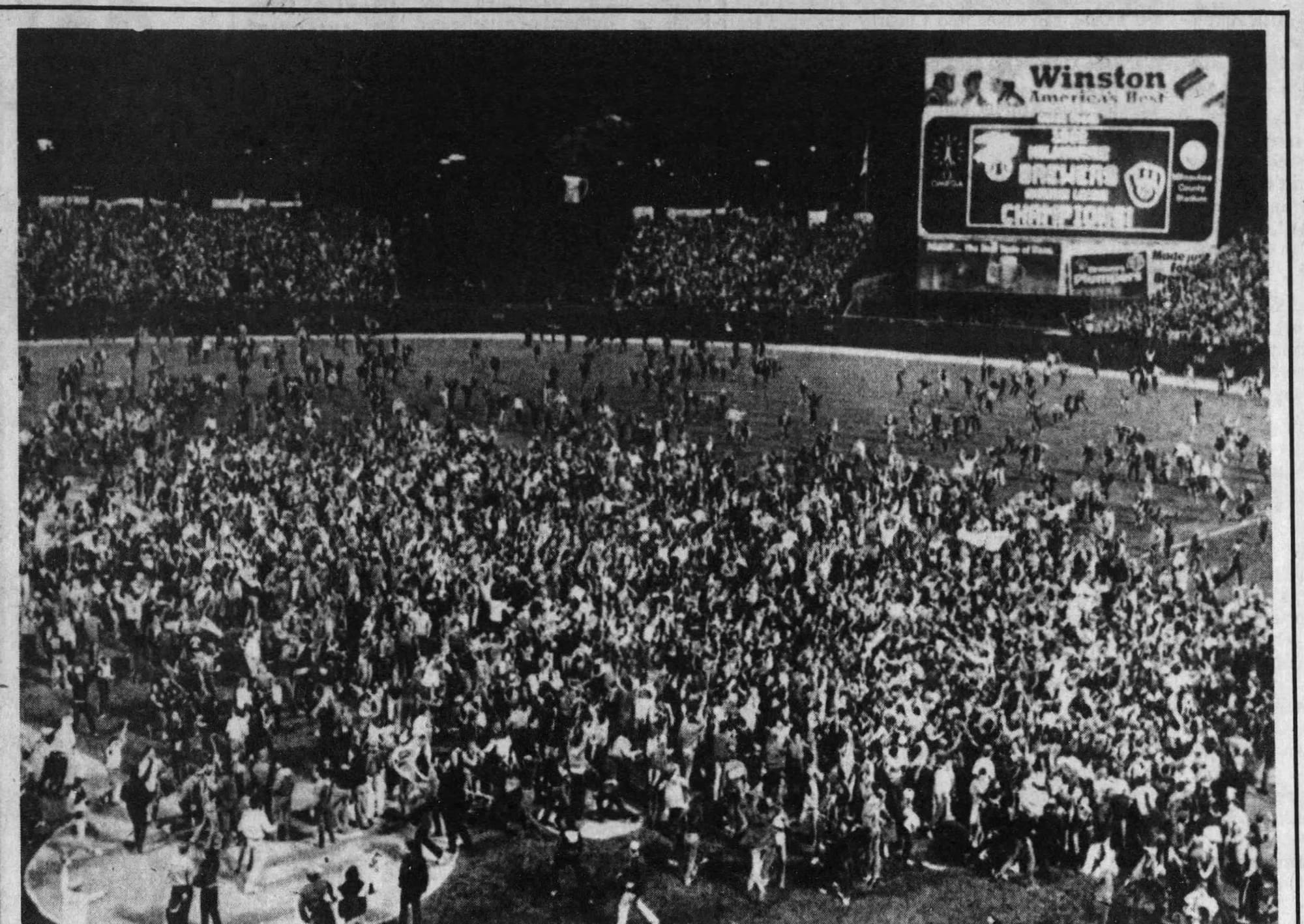 County Stadium after the pennant clincher, Oct. 10, 1982. (Wausau Daily Herald, Oct. 11, 1982, p. 1, via Newspapers.com)