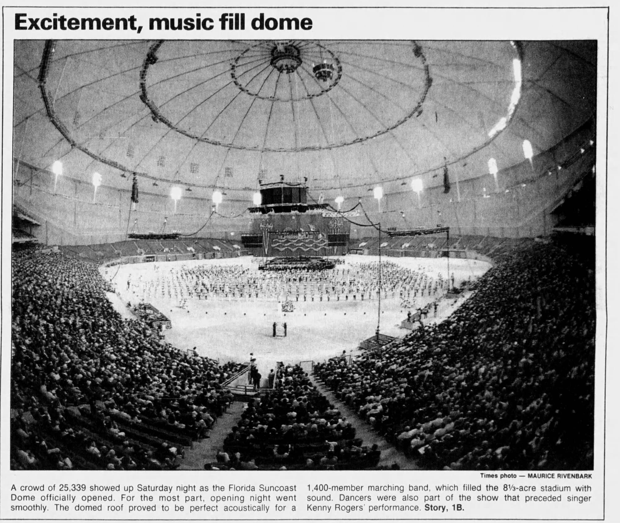 "Excitement, music fill dome." Opening night, March 3, 1990. (St. Petersburg Times, March 4, 1990, p. 1, via Newspapers.com)