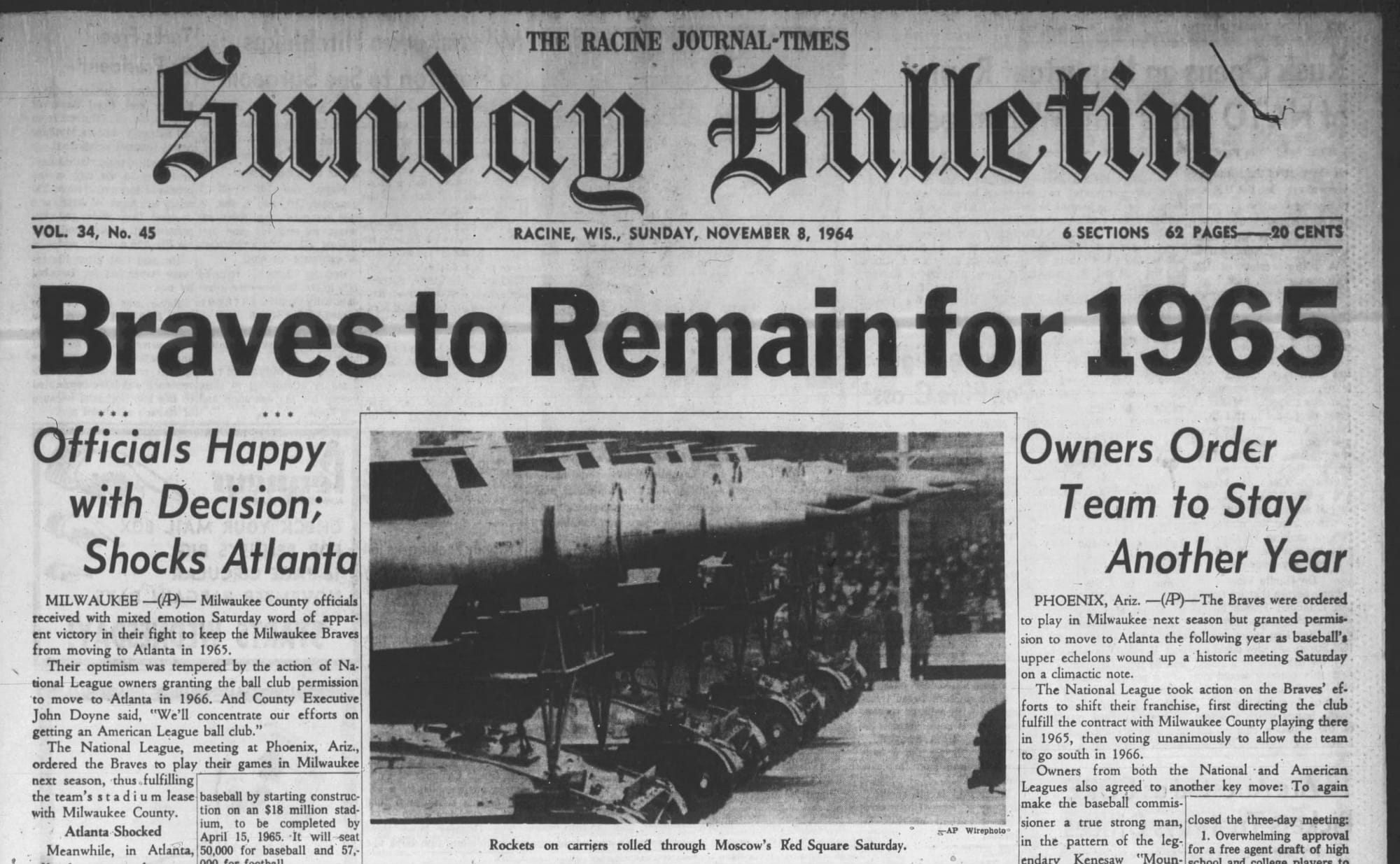 "Braves to Remain for 1965." (The Racine Journal-Times Sunday Bulletin, Nov. 8, 1964, p. 1, via Newspapers.com)