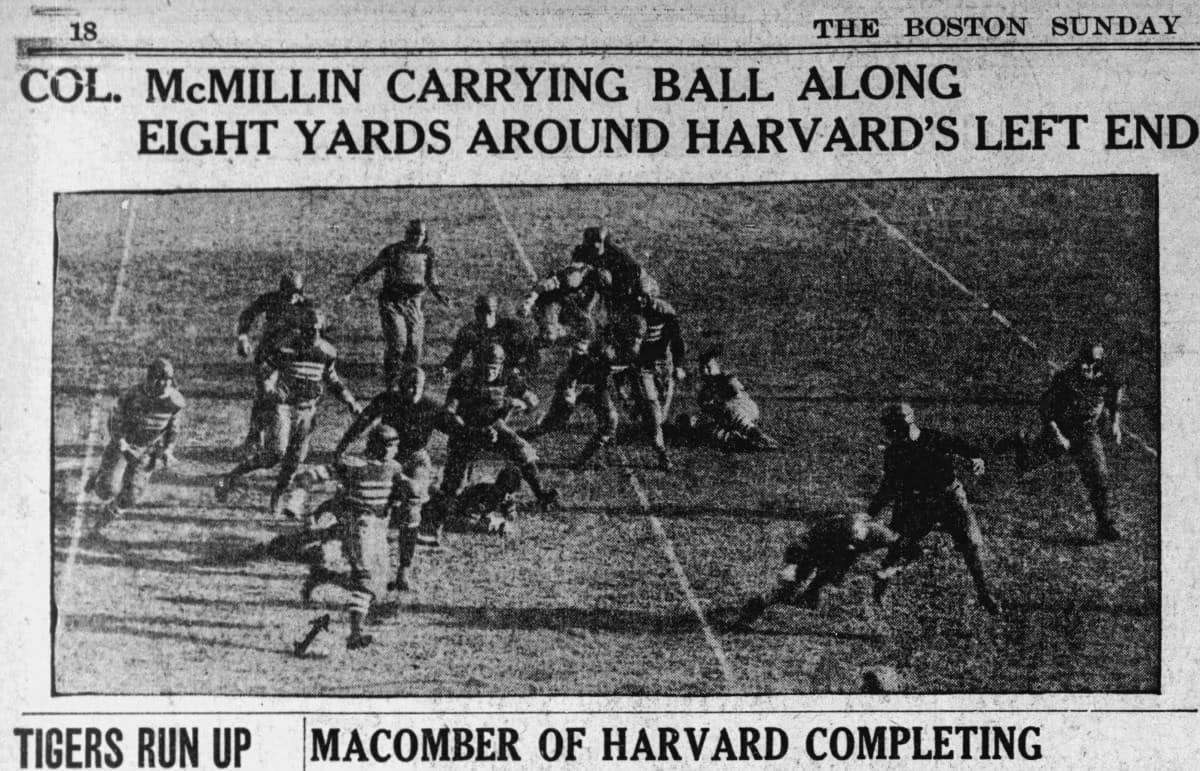 “Col. McMillin carrying ball along eight yards around Harvard’s left end.” (The Boston Sunday Globe, Oct. 30, 1921, p. 18, via Newspapers.com)