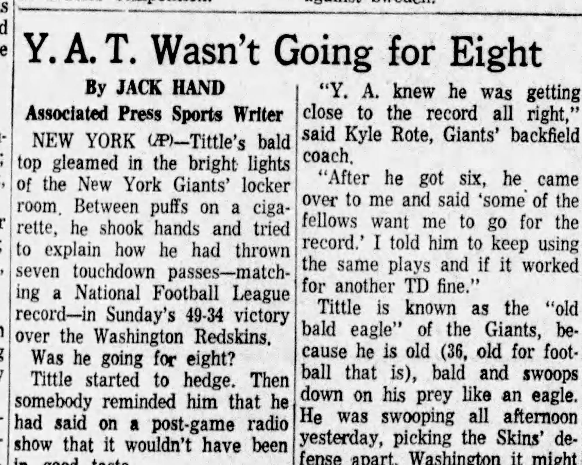 “Y. A. T. Wasn’t Going for Eight.” The AP’s Jack Hand in the Giants’ locker room. (The Day, New London, Conn., Oct. 29, 1962, p. 18, via Newspapers.com)