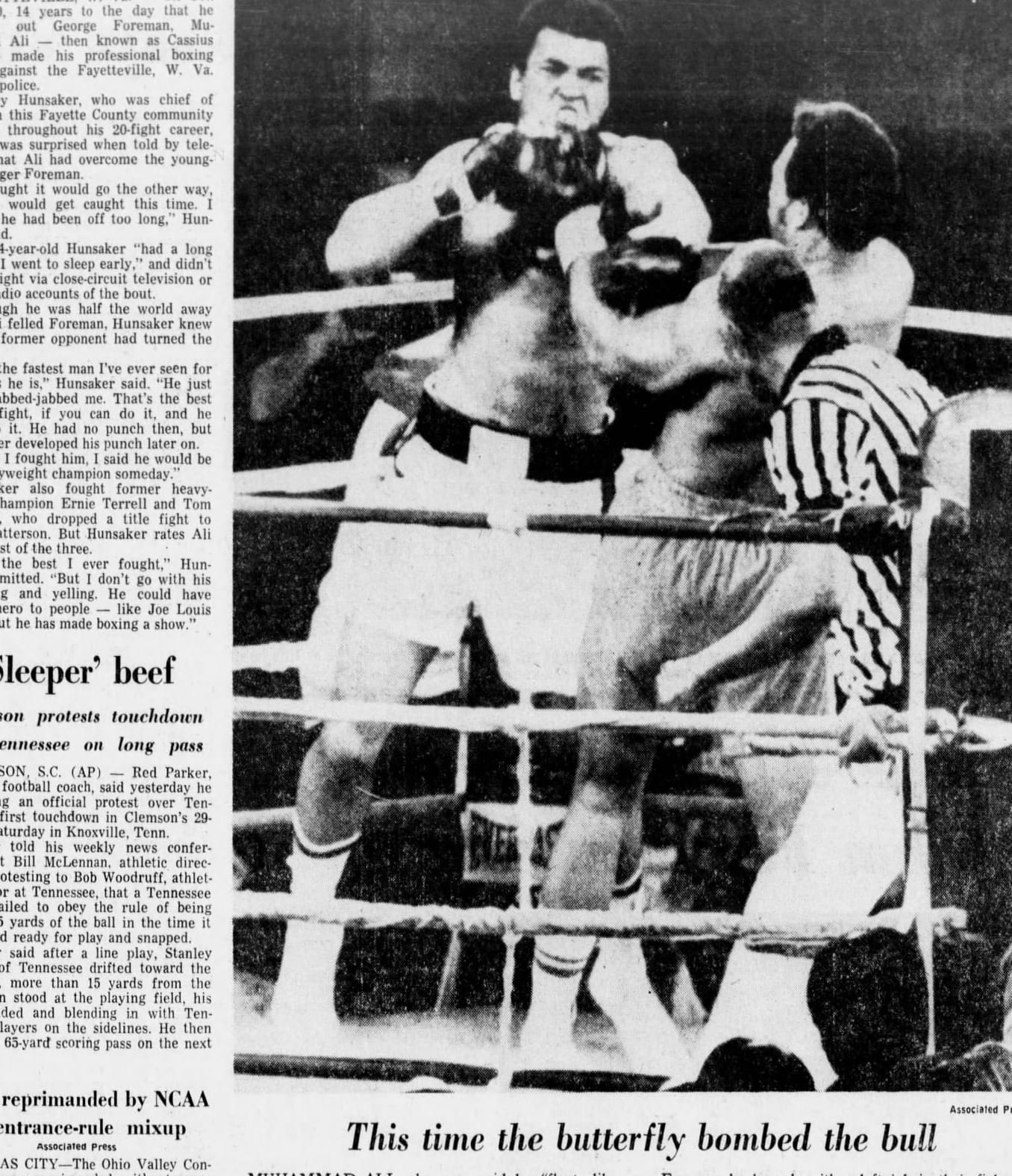“This time the butterfly bombed the bull.” Ali snaps Foreman’s head back with a jab. (AP photo in The Courier-Journal, Louisville, Oct. 30, 1974, p. C6, via Newspapers.com)