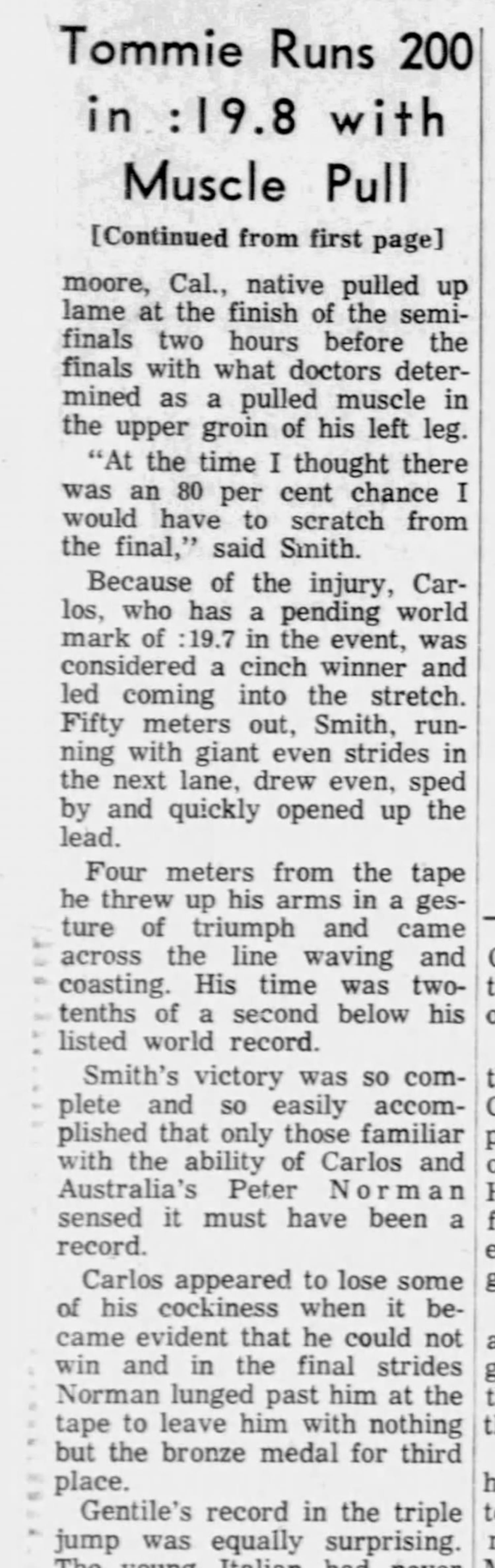 "Tommie Runs 200 in :19.8 with Muscle Pull." (Chicago Tribune, Oct. 17, 1968, via Newspapers.com)