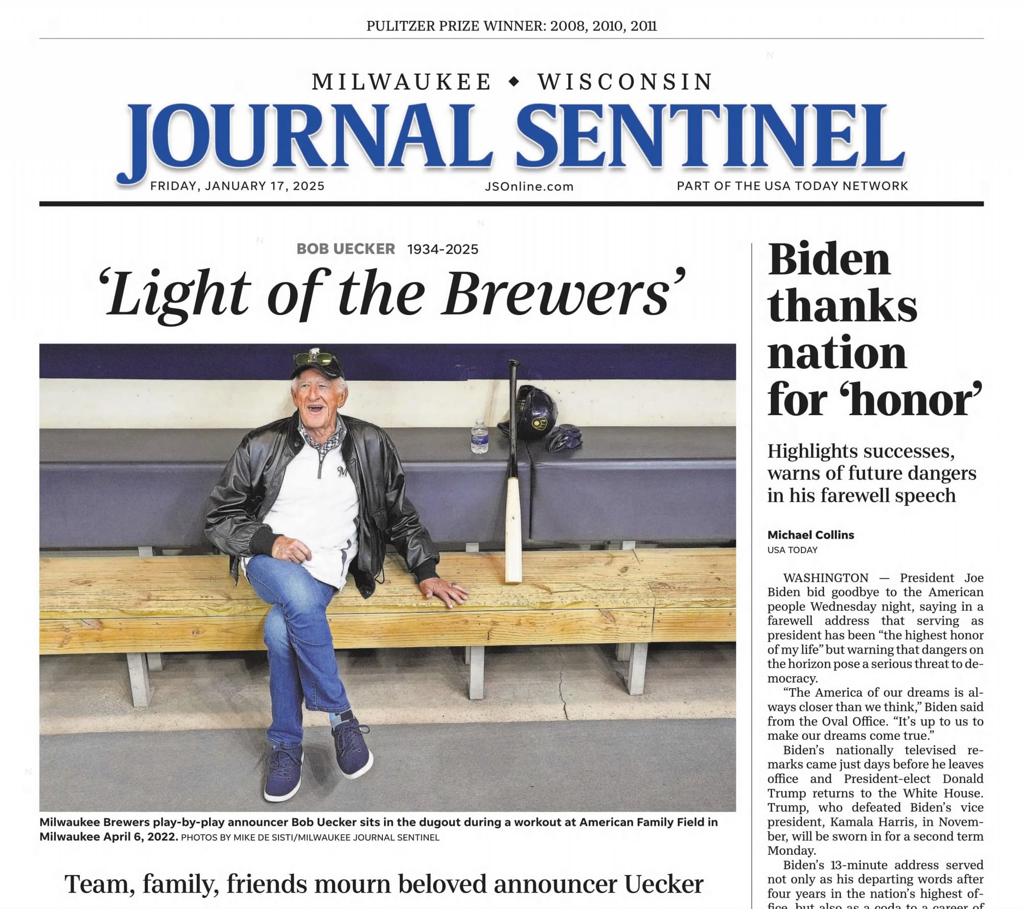 "Light of the Brewers." (Milwaukee Journal Sentinel, Jan. 17, 2025, p. A1, via Newspapers.com)