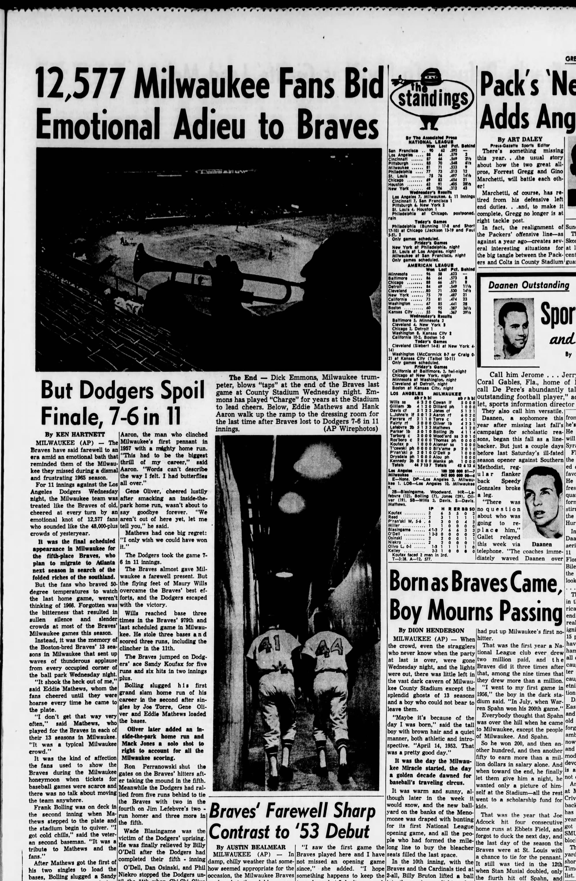 "12,577 Milwaukee Fans Bid Emotional Adieu to Braves." (Green Bay Press-Gazette, Sept. 23, 1965, p. 23, via Newspapers.com)