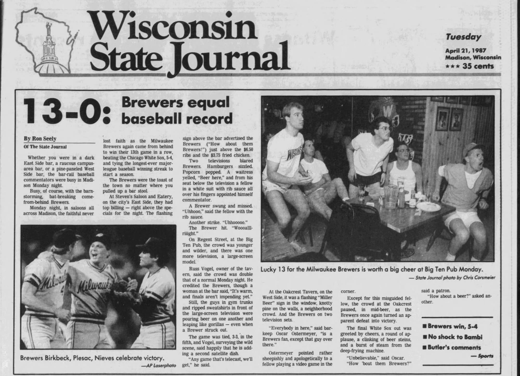 "13-0: Brewers equal baseball record." (Wisconsin State Journal, April 21, 1987, p. 1, via Newspapers.com)