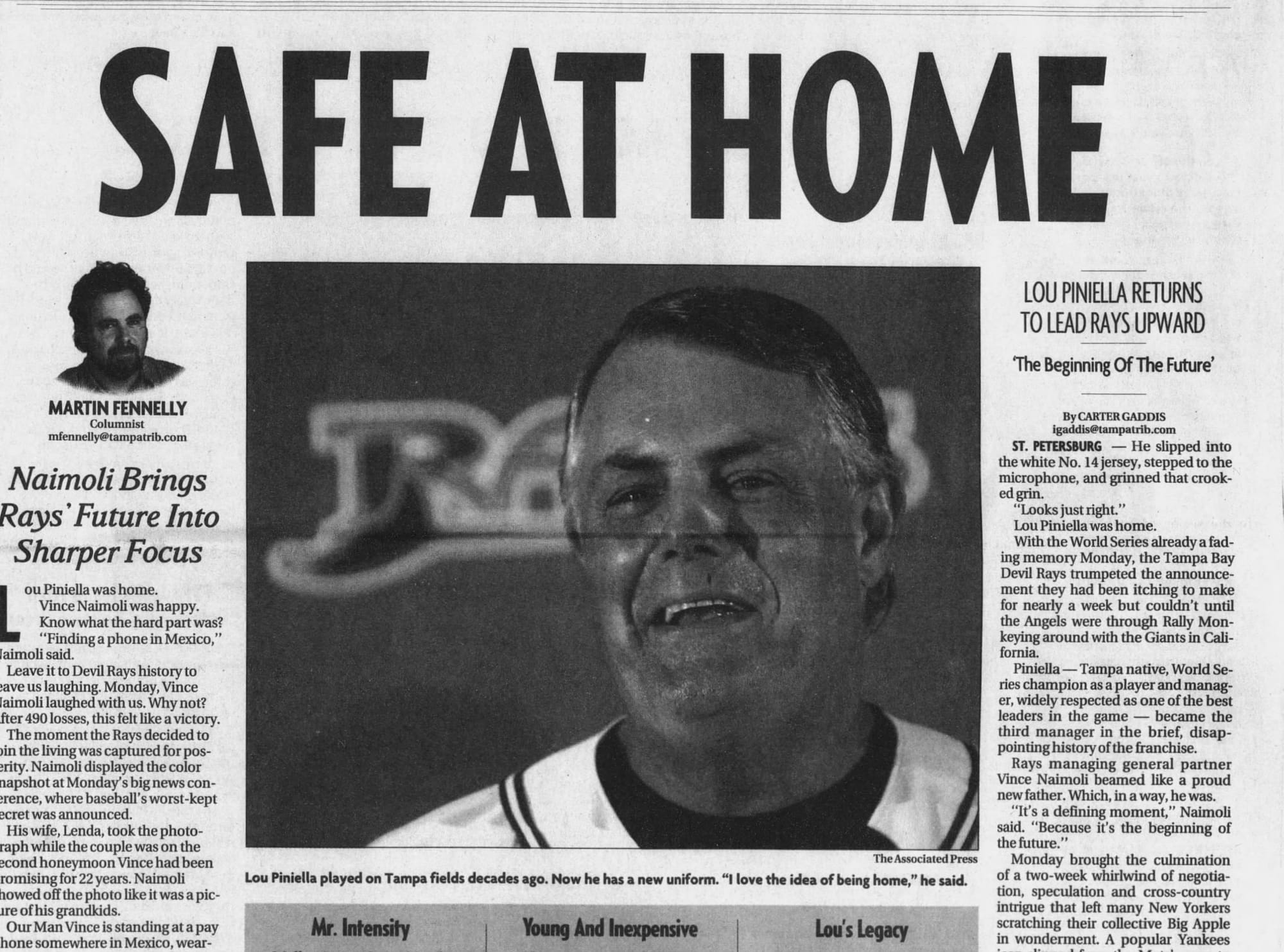 "SAFE AT HOME." Piniella in his new cap. (The Tampa Tribune, Oct. 29, 2002, p. 21, via Newspapers.com)