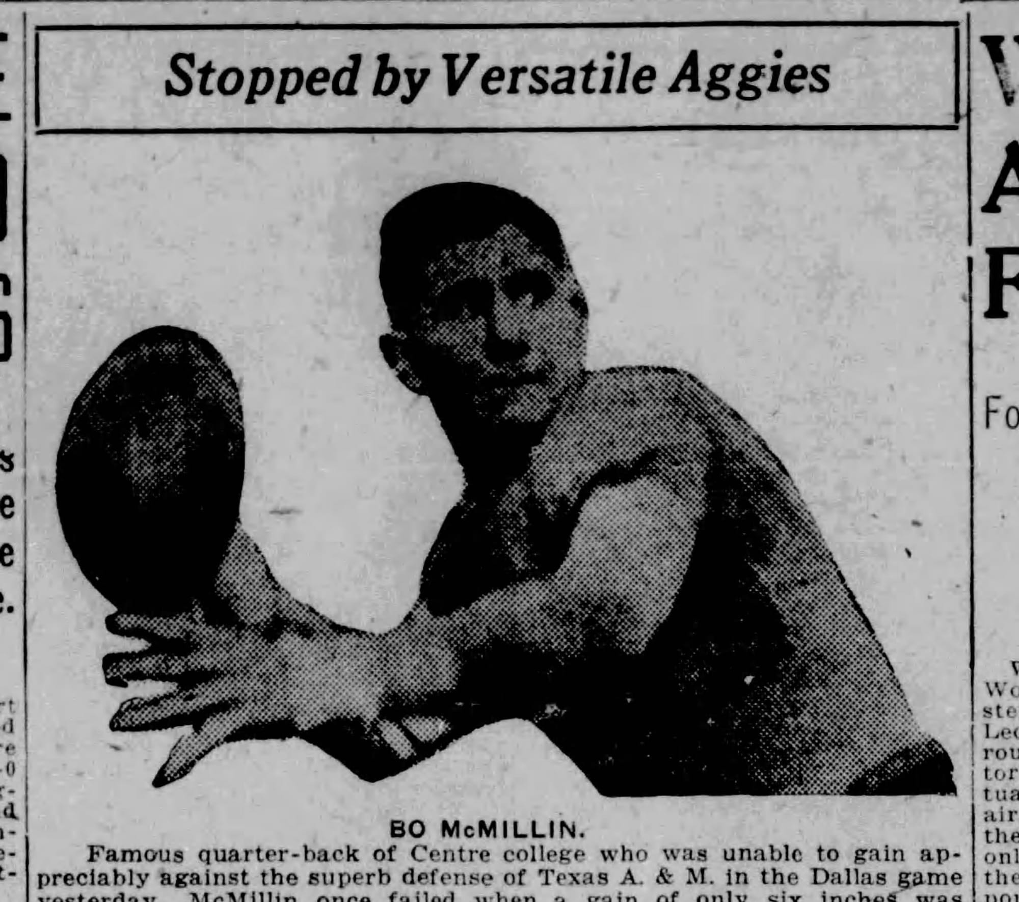 McMillin on the day of the Dixie Classic loss to Texas A&M, his last game for Centre. (The Beaumont Enterprise, Jan. 3, 1922, p. 6, via Newspapers.com)