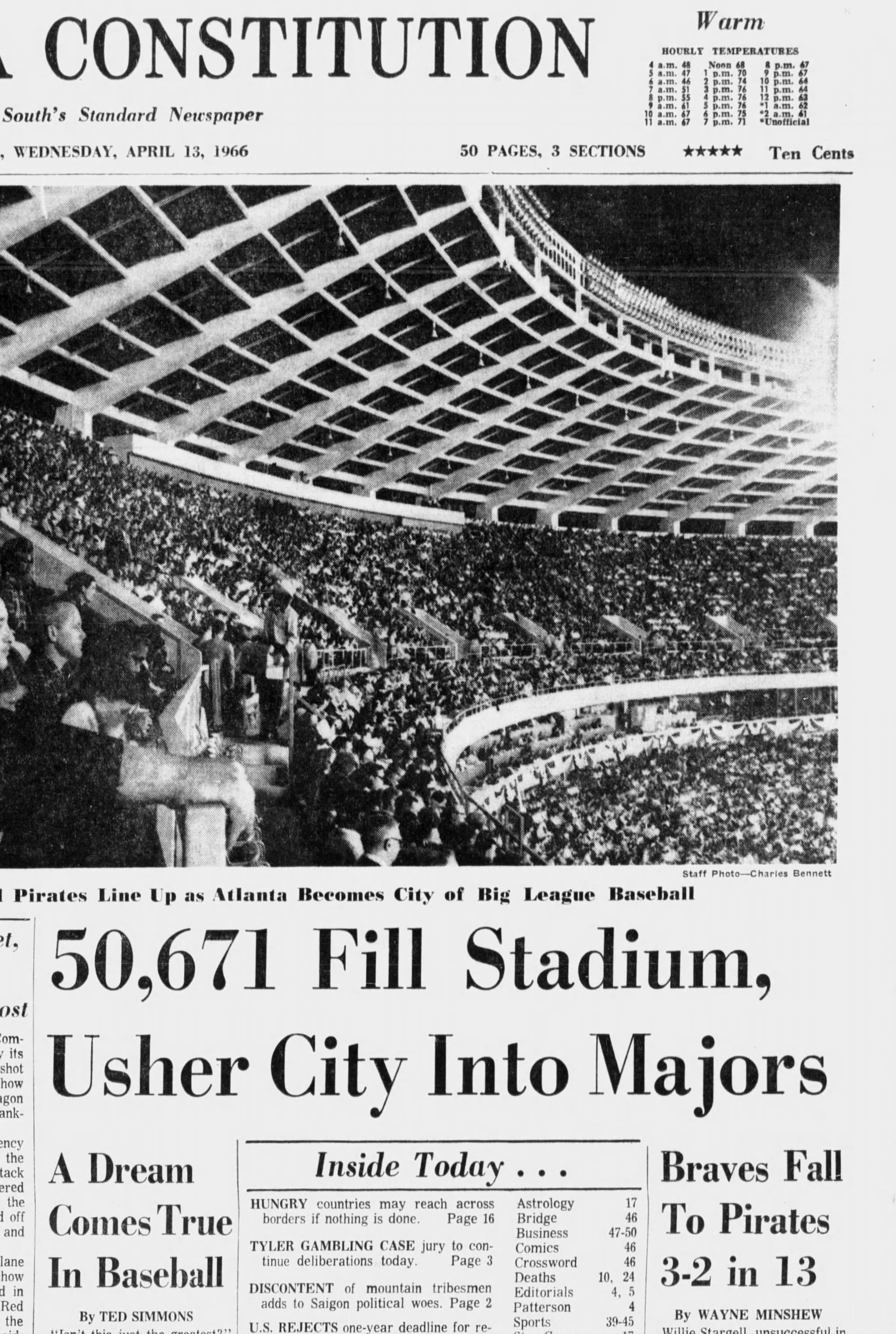 "50,671 Fill Stadium, Usher City Into Majors." (The Atlanta Constitution, April 13, 1966, p. 1, via Newspapers.com)