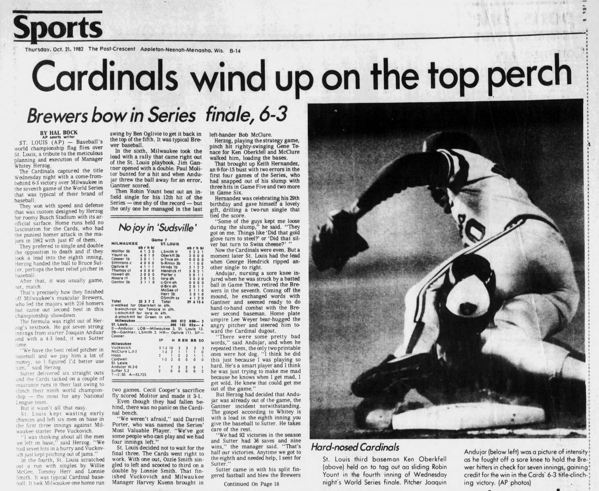 "Brewers bow in Series finale, 6-3." (The Post-Crescent, Appleton, Oct. 21, 1982, p. 36, via Newspapers.com)
