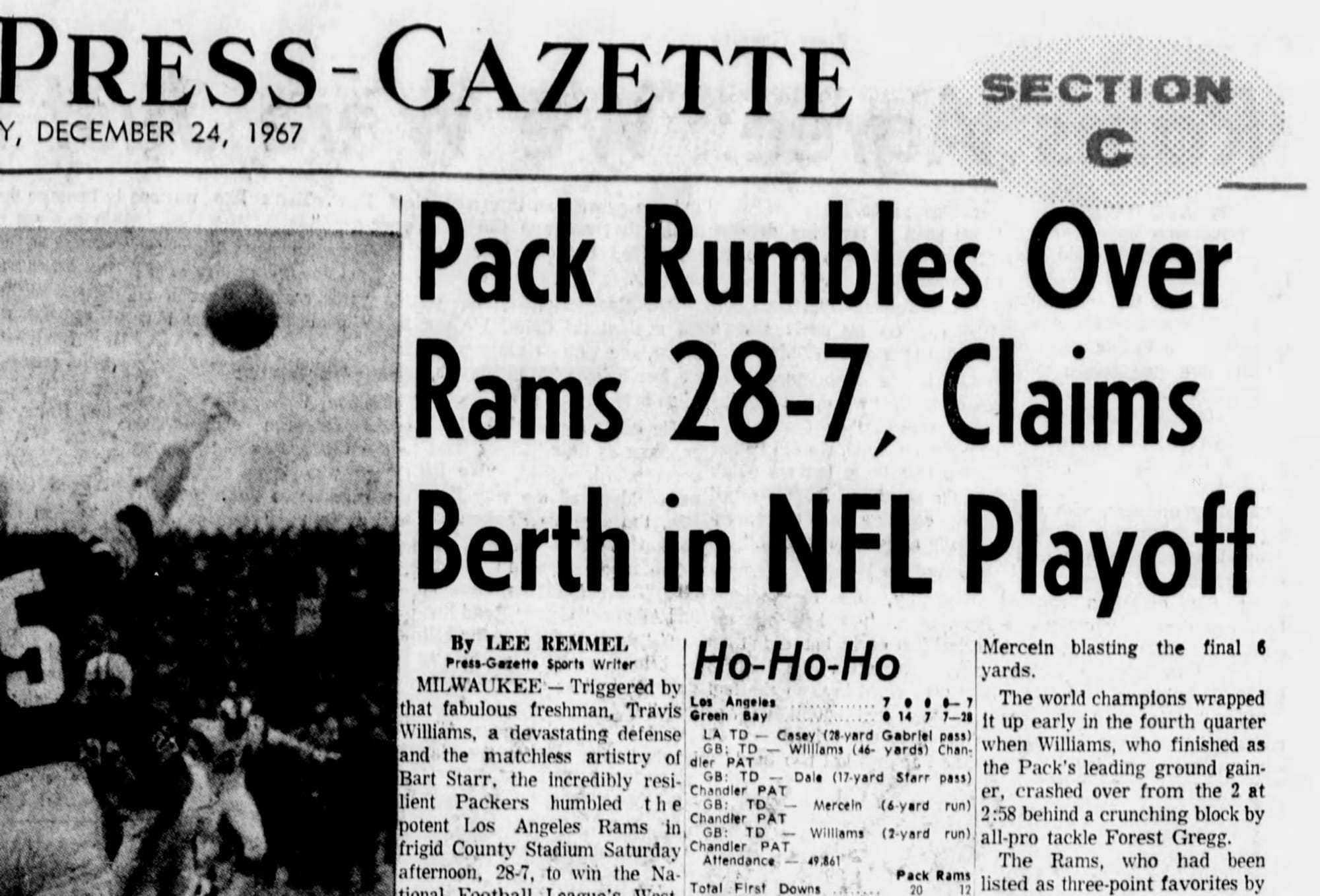"Pack Rumbles Over Rams 28-7." (Green Bay Press-Gazette, Dec. 24, 1967, p. 33, via Newspapers.com)