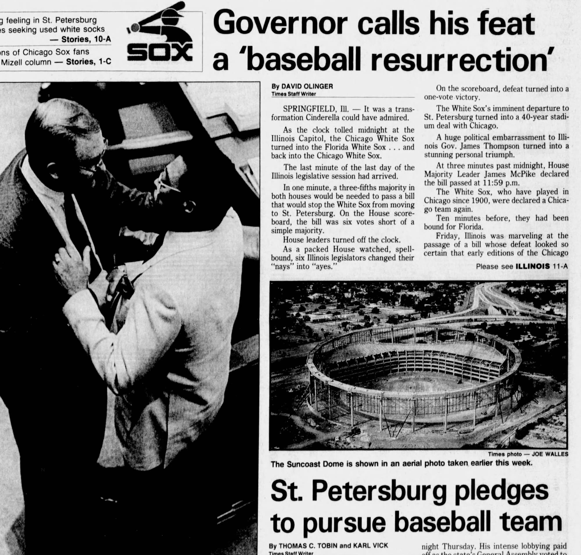 "As the clock tolled midnight at the Illinois Capitol, the Chicago White Sox turned into the Florida White Sox... and back into the Chicago White Sox." (St. Petersburg Times, July 2, 1988, p. 1, via Newspapers.com)