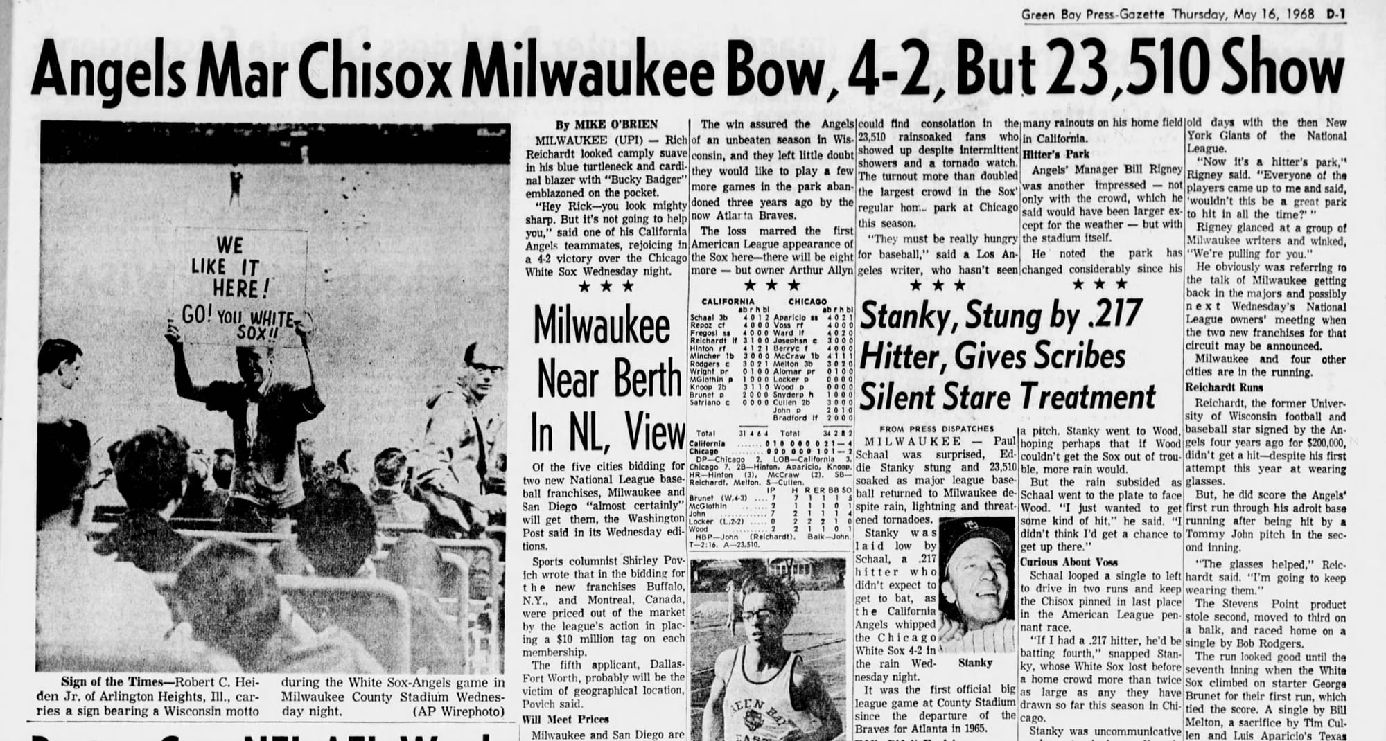 The White Sox's first Milwaukee "home" game, May 15, 1968: a 4-2 loss to the Angels in front of 23,510. Note the second headline: "Milwaukee Near Berth In NL View." (Green Bay Press-Gazette, May 16, 1968, p. 37, via Newspapers.com)