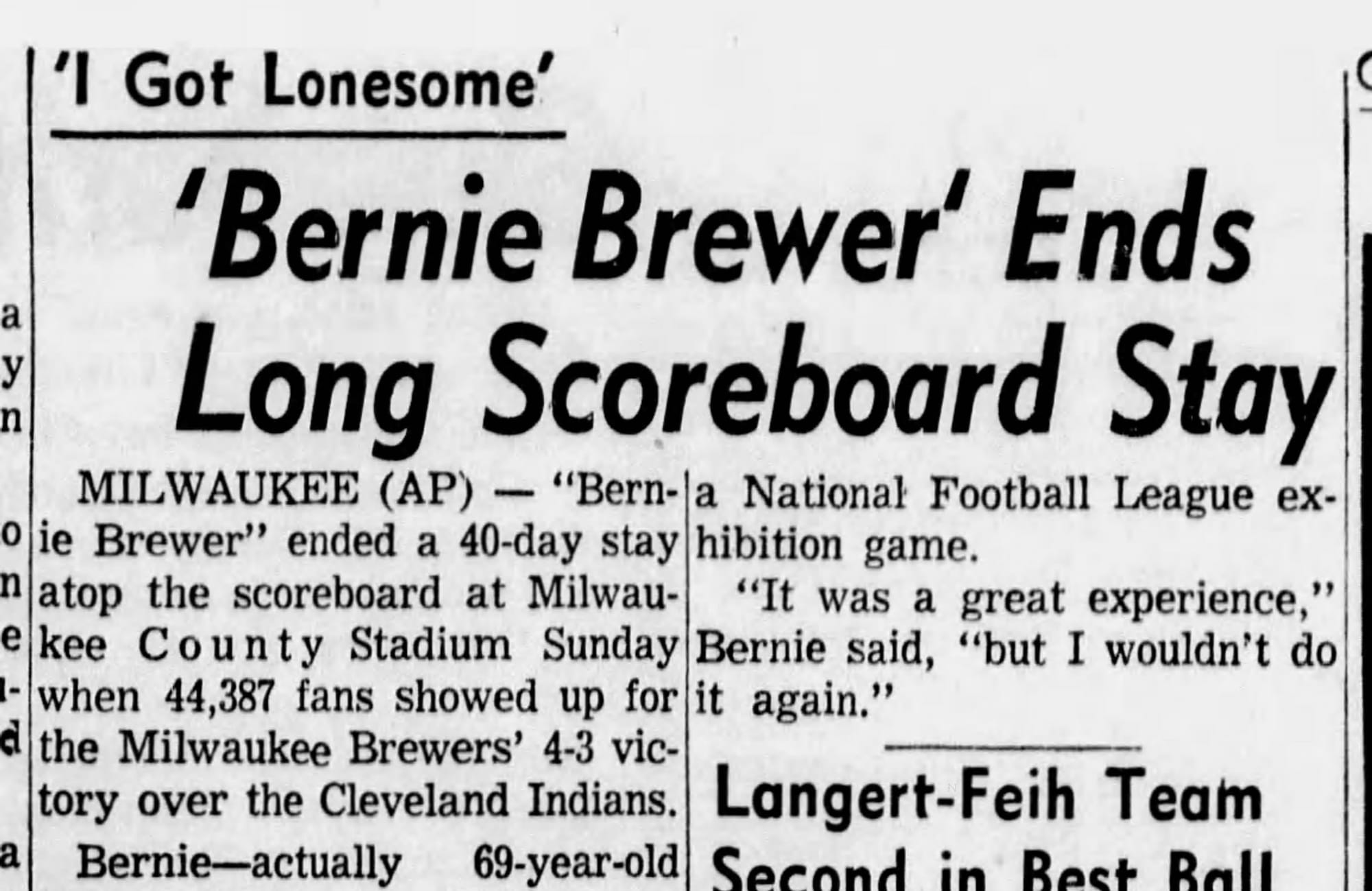 "'Bernie Brewer' Ends Long Scoreboard Stay." (Green Bay Press-Gazette, Aug. 17, 1970, p. 19, via Newspapers.com)