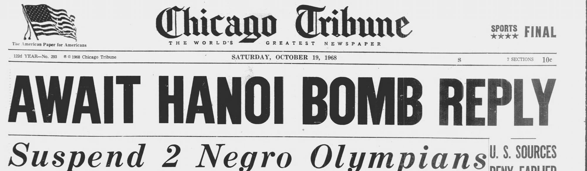 The suspension shared the front page with Vietnam. (Chicago Tribune, Oct. 19, 1968, via Newspapers.com)