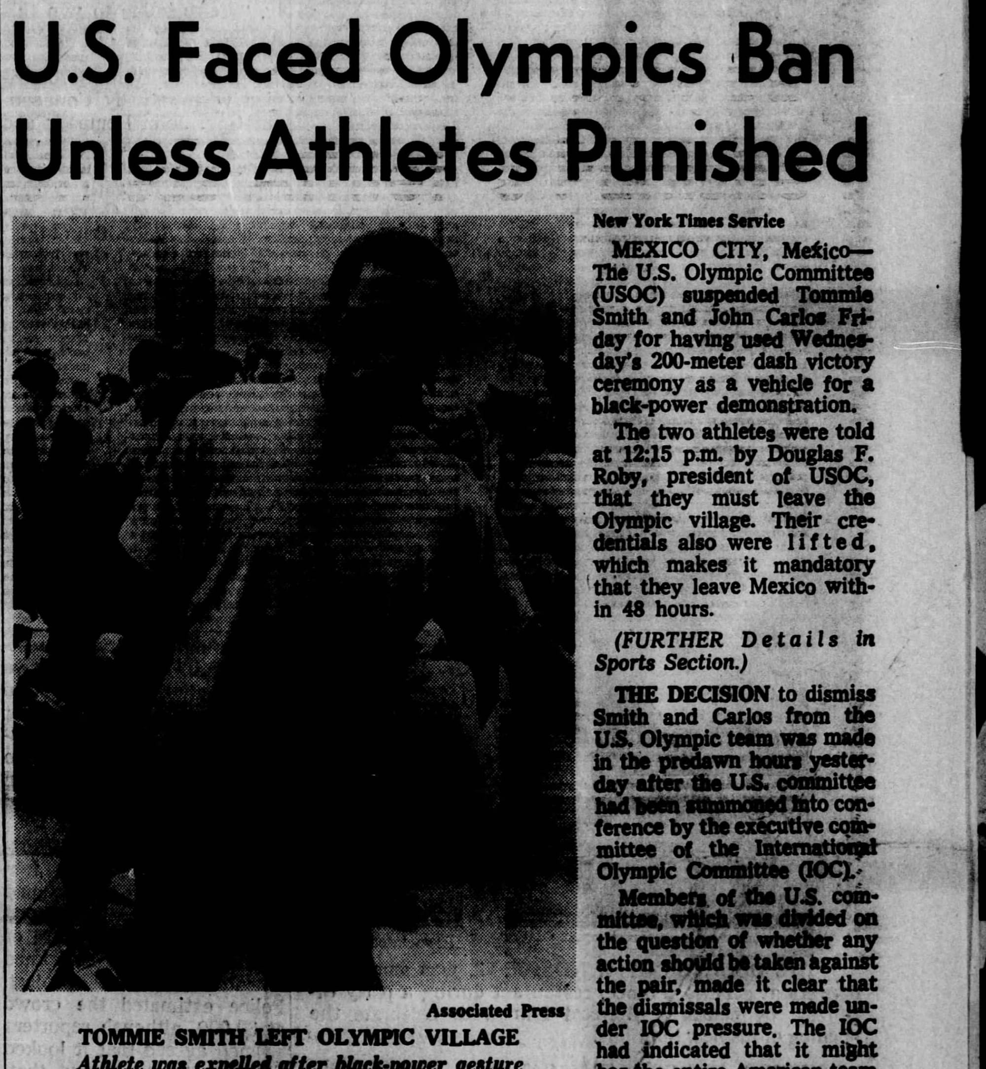 Smith leaving the Olympic Village. (Minneapolis Tribune, Oct. 19, 1968, via Newspapers.com)