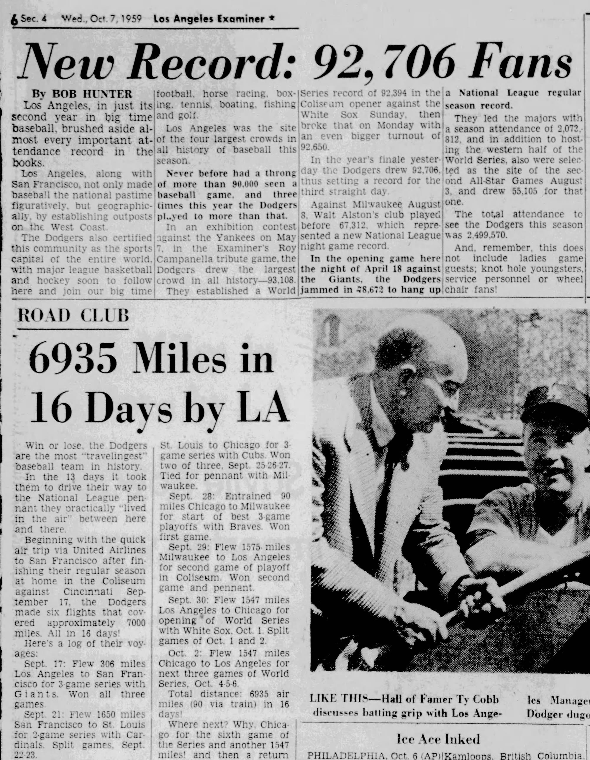 Game 5 set the record: 92,706. (Los Angeles Examiner, Oct. 7, 1959, via Newspapers.com)